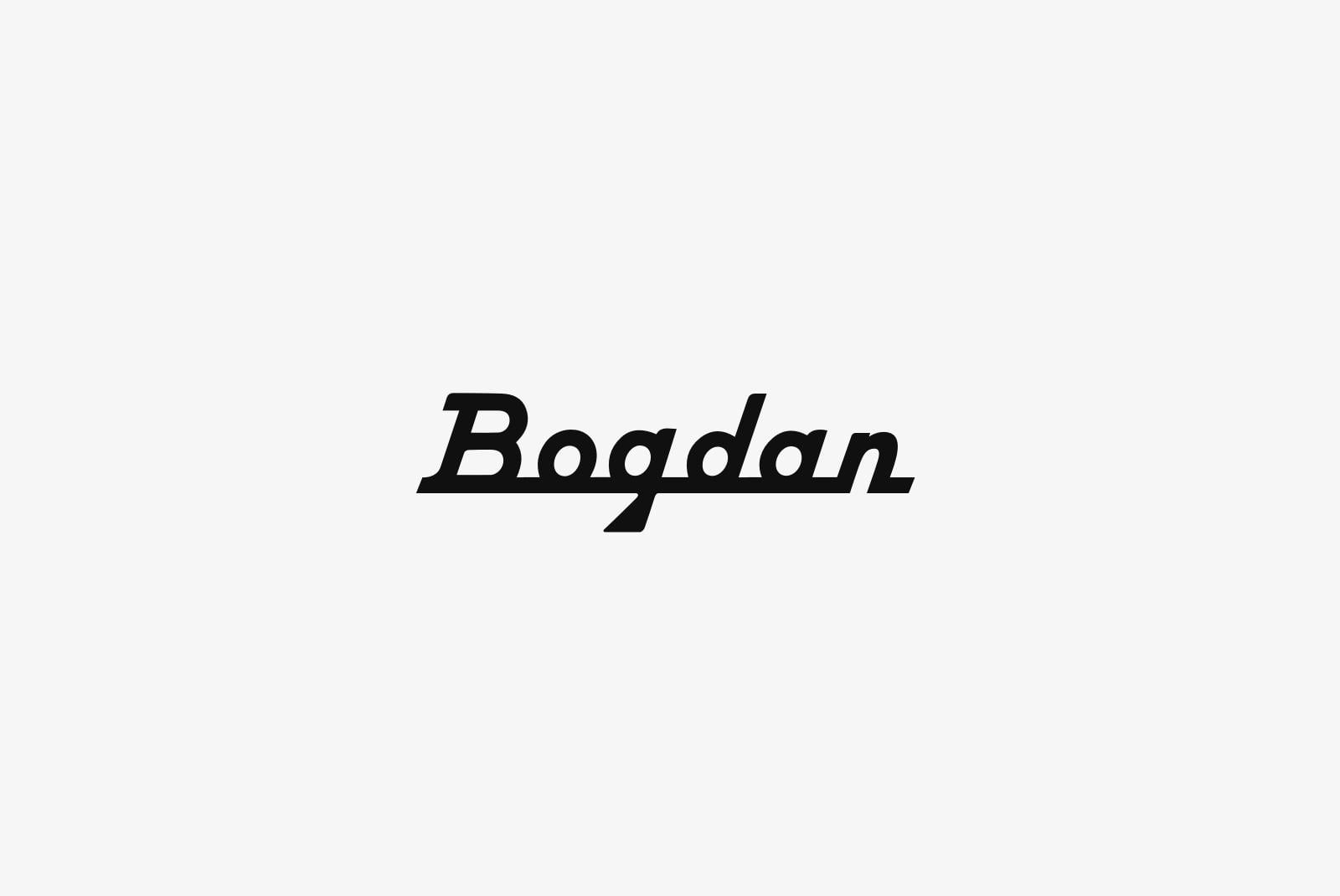 Bogdan italic typeface with horizontal line through center on light background