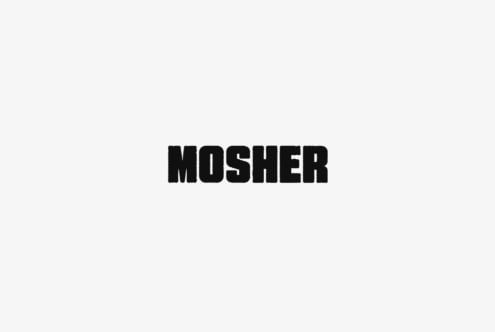 Bold black sans-serif type spelling Mosher centered on light gray background
