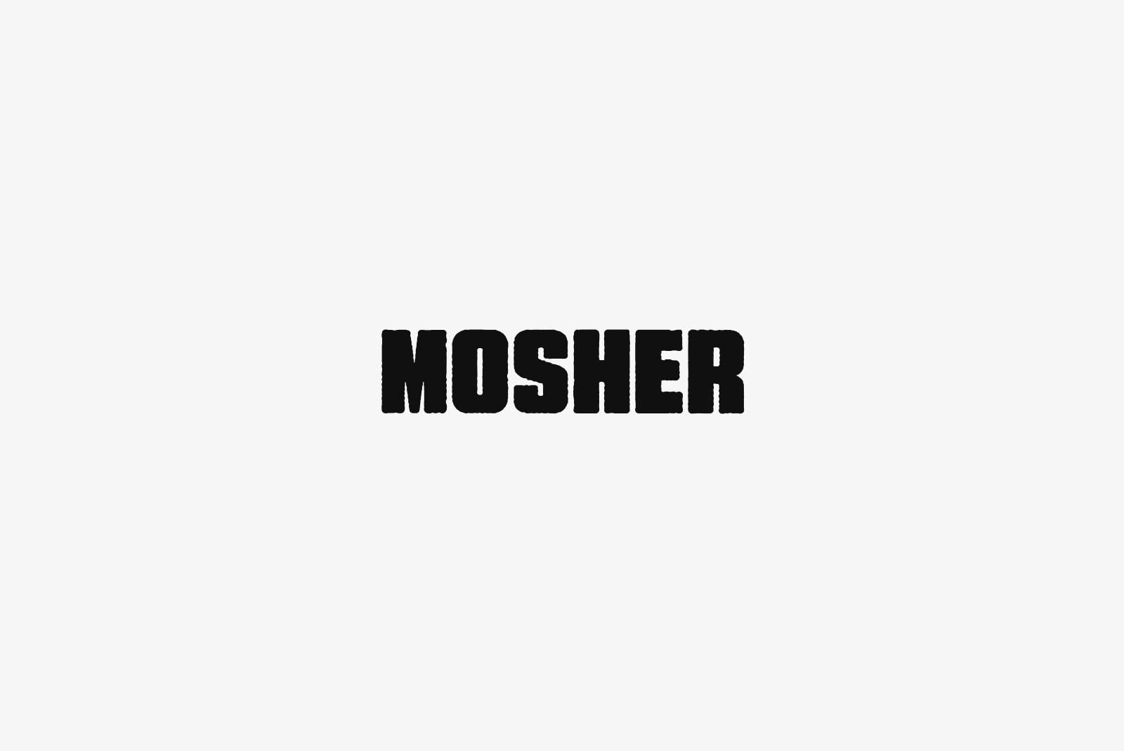 Bold black sans-serif type spelling Mosher centered on light gray background