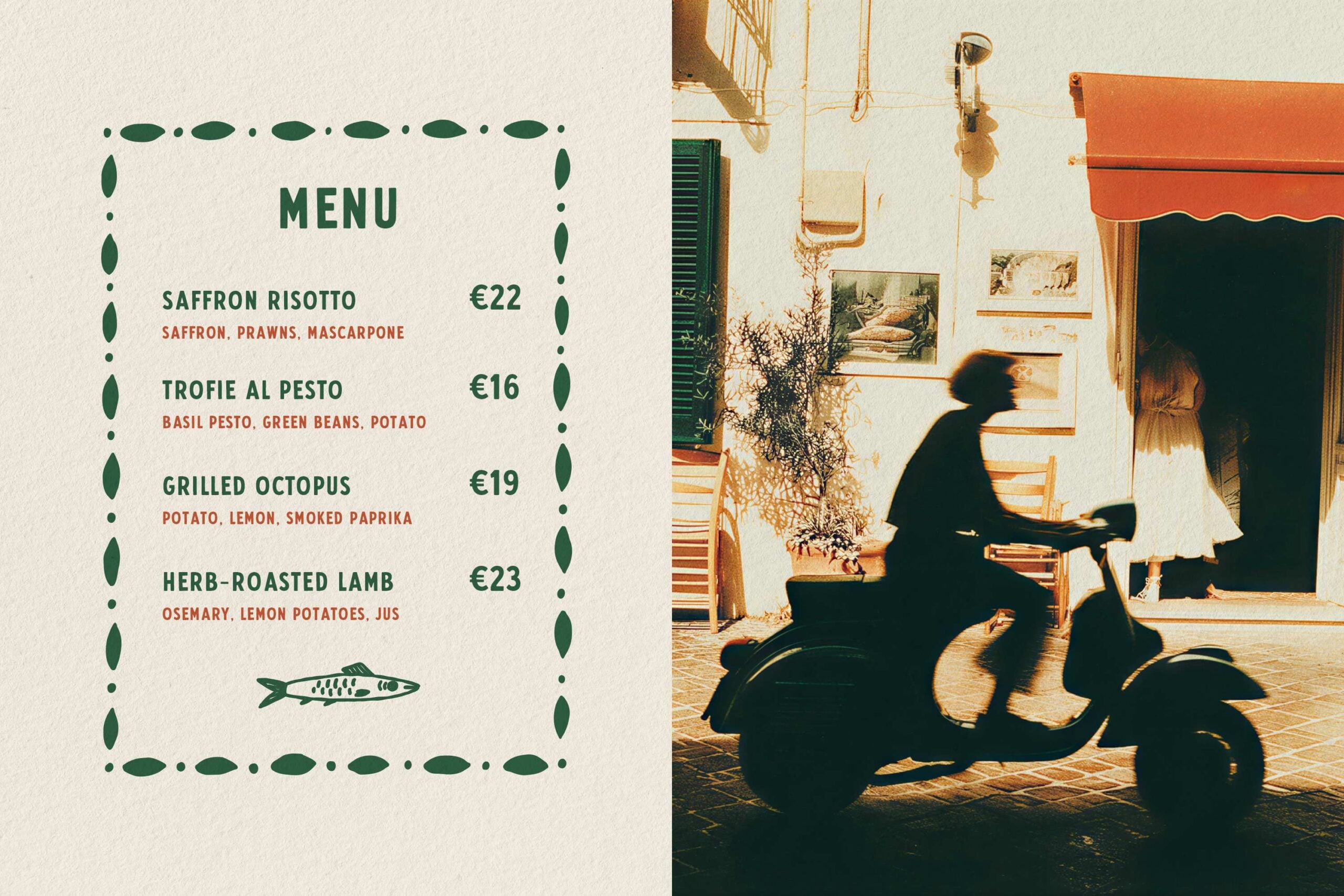 Vintage Italian restaurant menu mockup with saffron risotto, pesto pasta, grilled octopus, lamb dishes