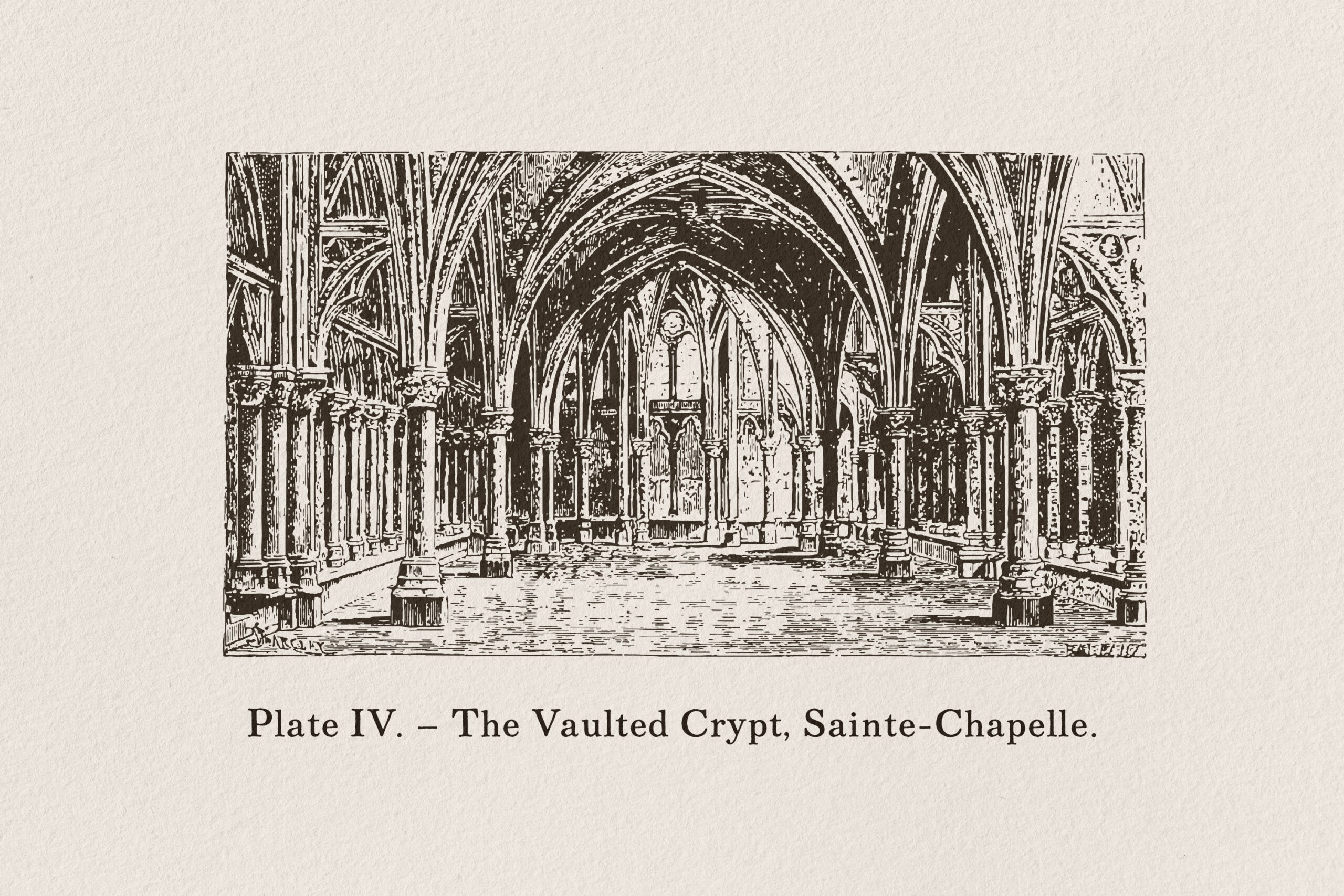 Vintage engraving of gothic cathedral crypt with soaring arches, columns, vaulted ceiling