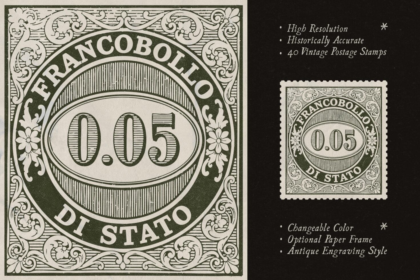 Vintage Italian postage stamp with ornate floral border, 0.05 denomination, antique engraving style