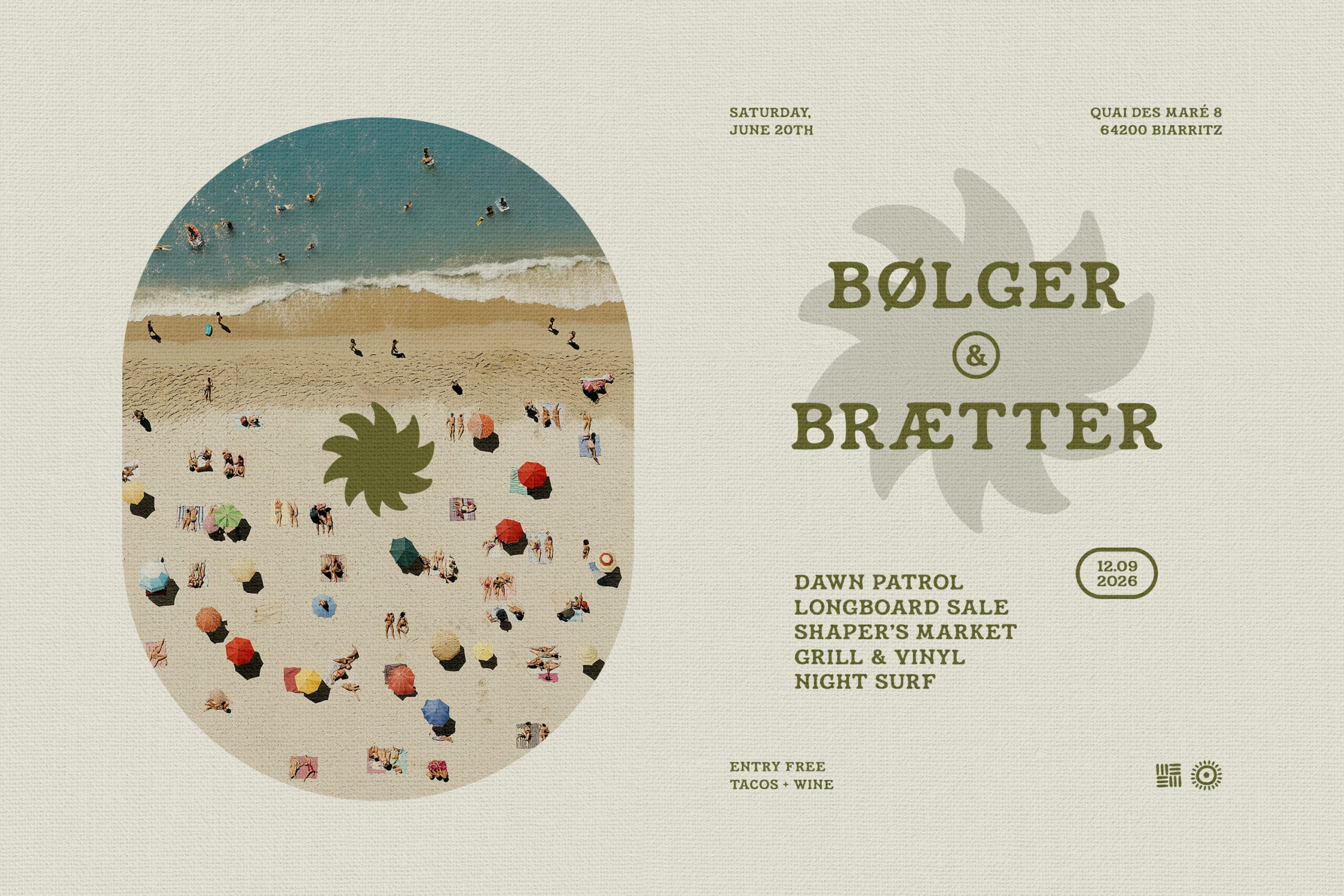 Beach event poster with aerial view of swimmers, umbrellas, people scattered on sand