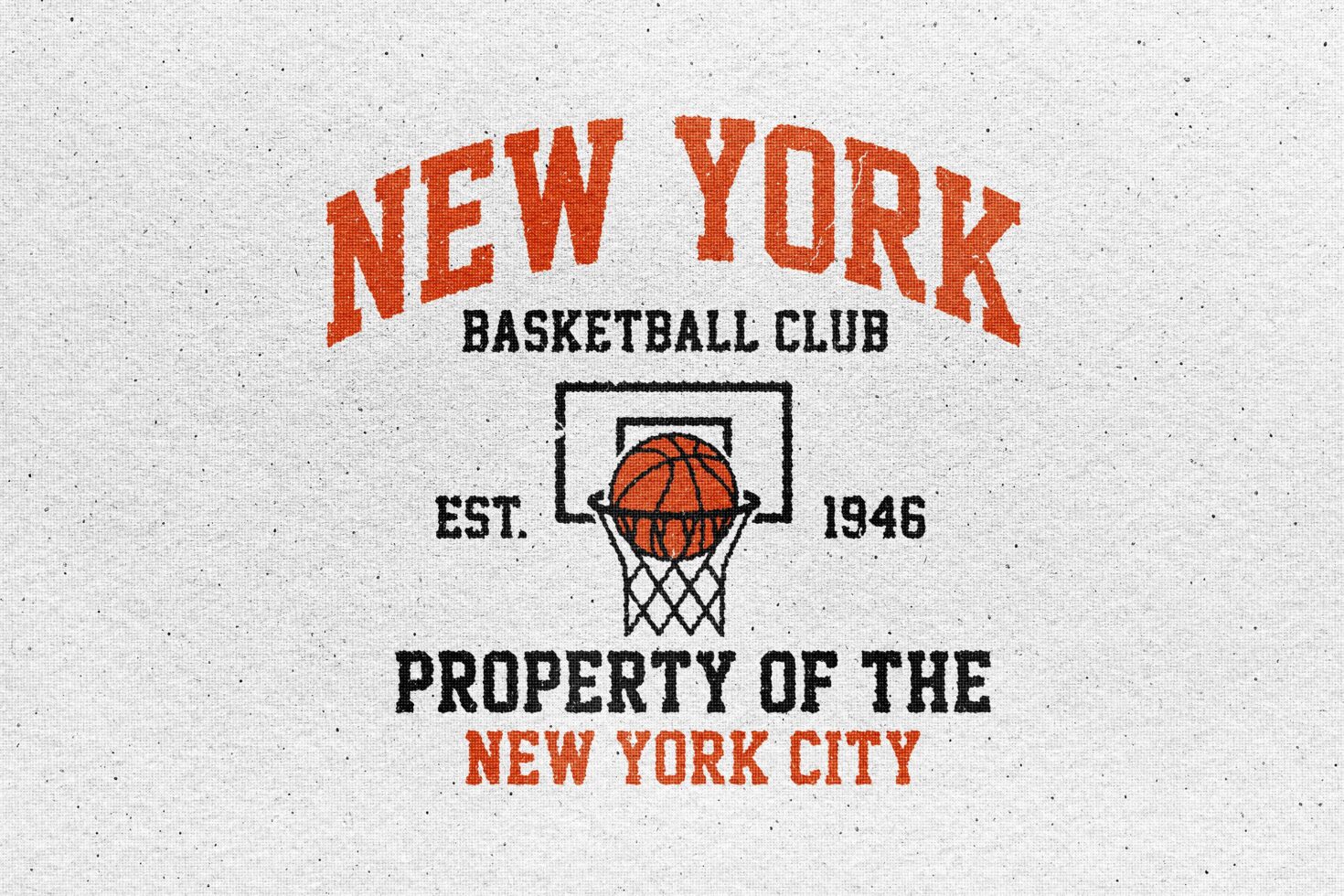 Vintage New York basketball club graphic with orange text, hoop illustration, established 1946 stamp on textured background