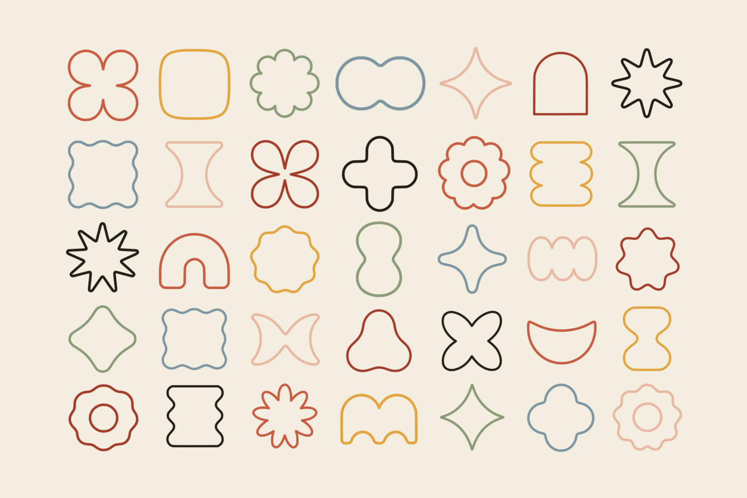 Set of 35 colorful outline shapes in retro style, includes flowers, stars, geometric forms