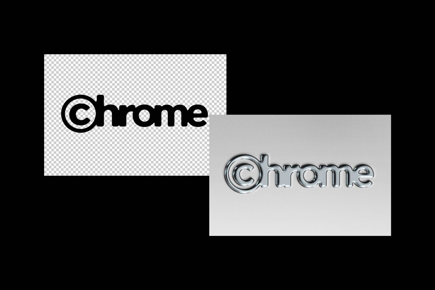 Chrome logo mockup showing bold black lettering on transparent background, plus shiny metallic 3D version