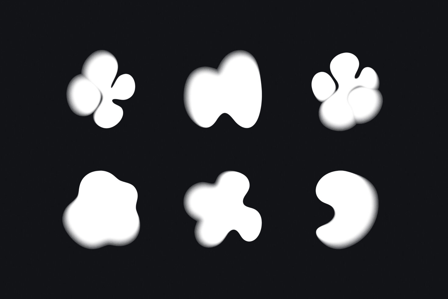 Six white 3D blob shapes with soft shadows on black background