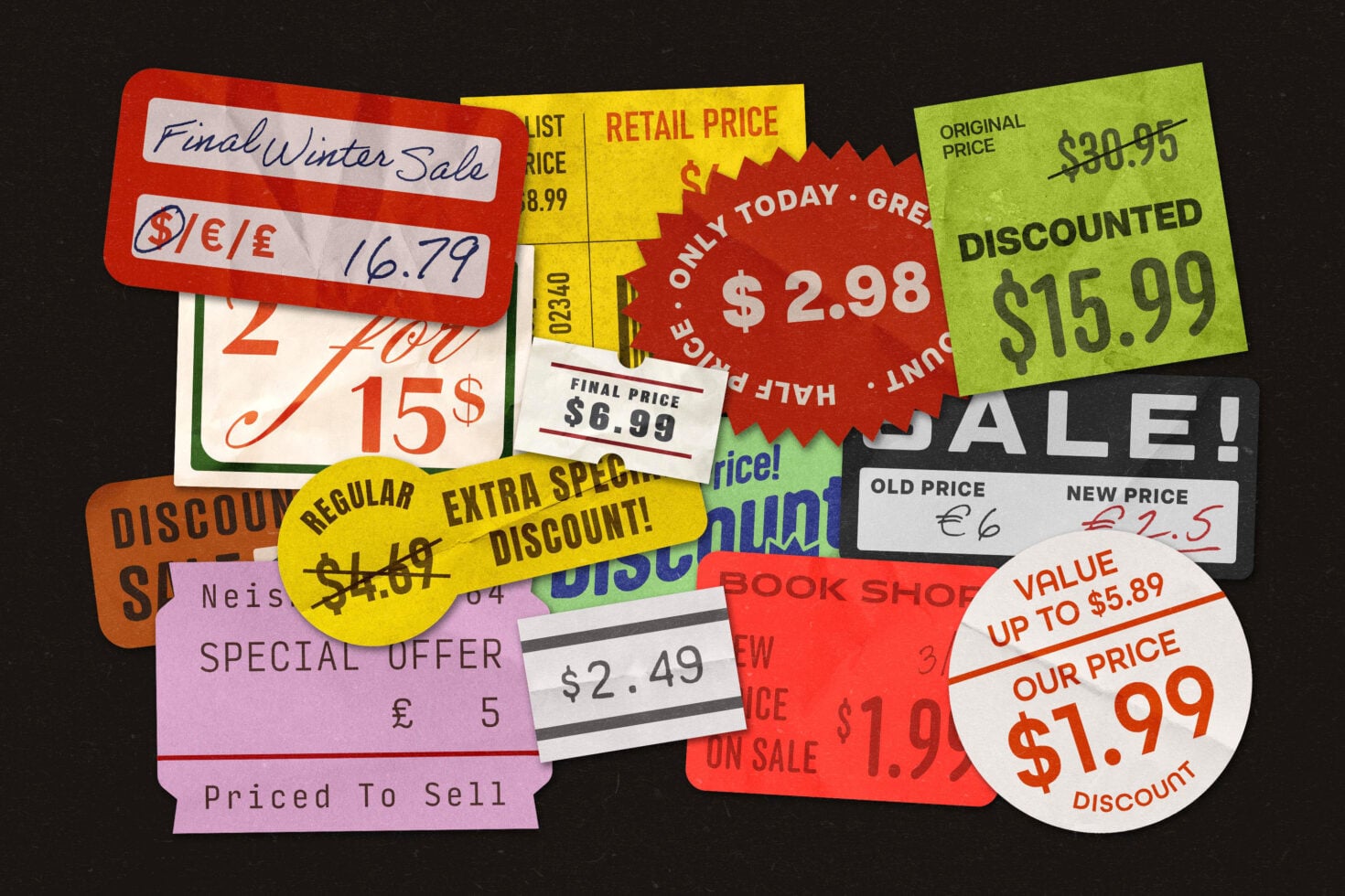 Collection of colorful retail price tags with discounts, sales stickers, strikethrough pricing in red, yellow, green, pink