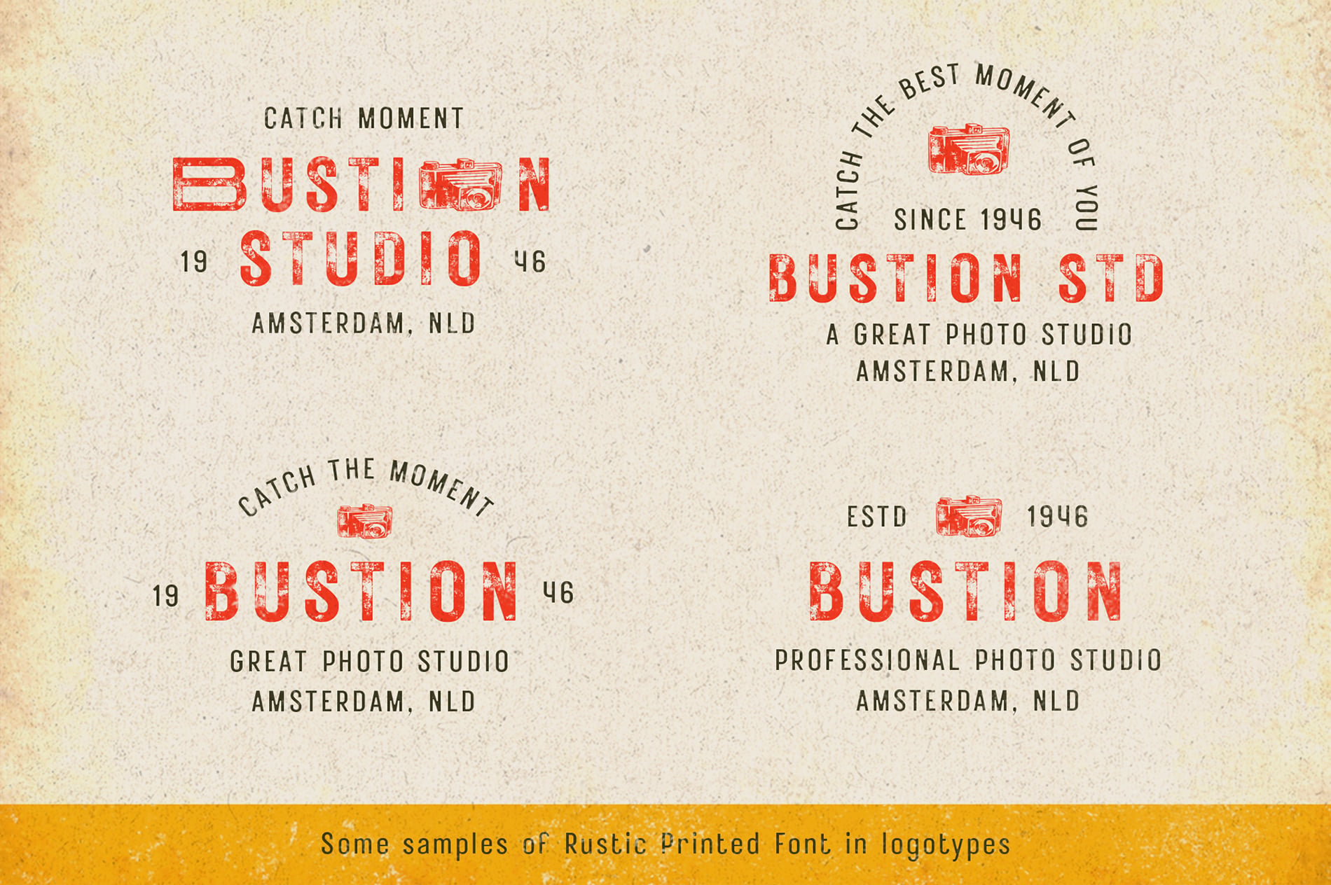 Rustic printed font applied to vintage photo studio logos with camera icons, distressed texture throughout