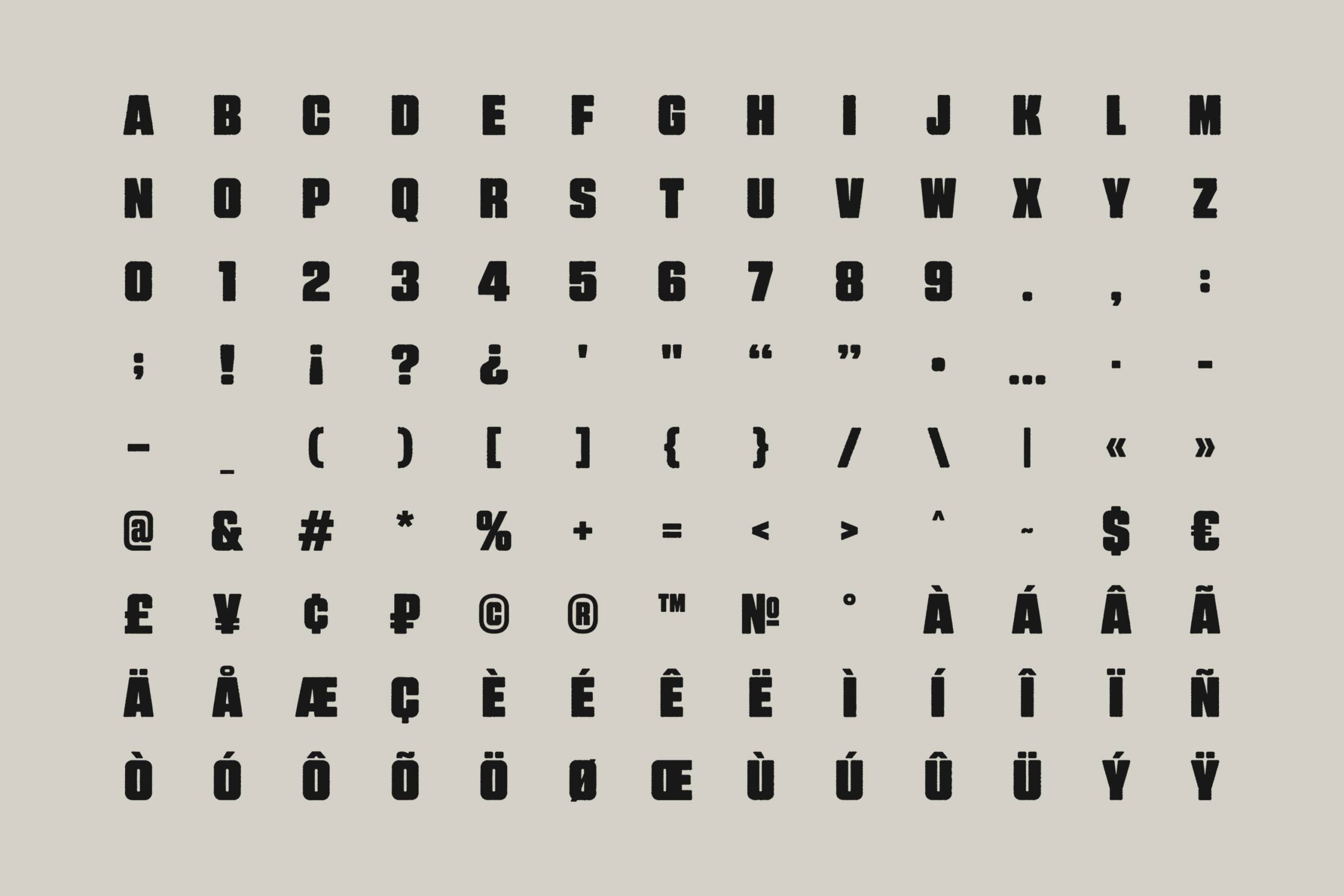 Bold geometric typeface character set with letters, numbers, punctuation, currency symbols, accented characters