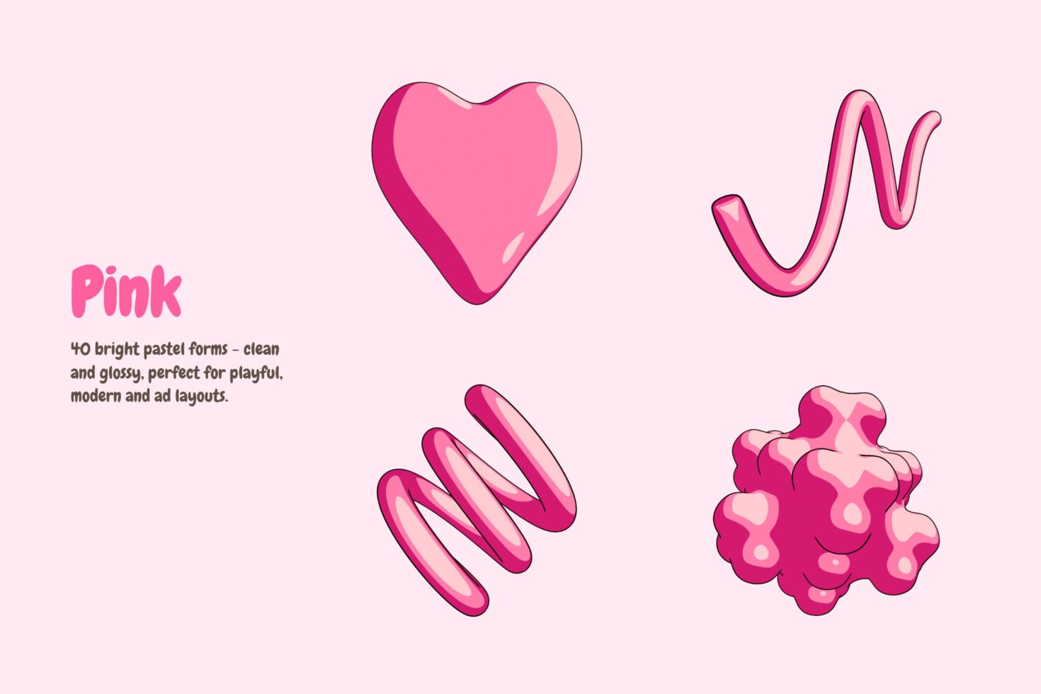 Bright pink 3D shapes with glossy finishes: heart, wavy lines, dashes, blob forms on soft background