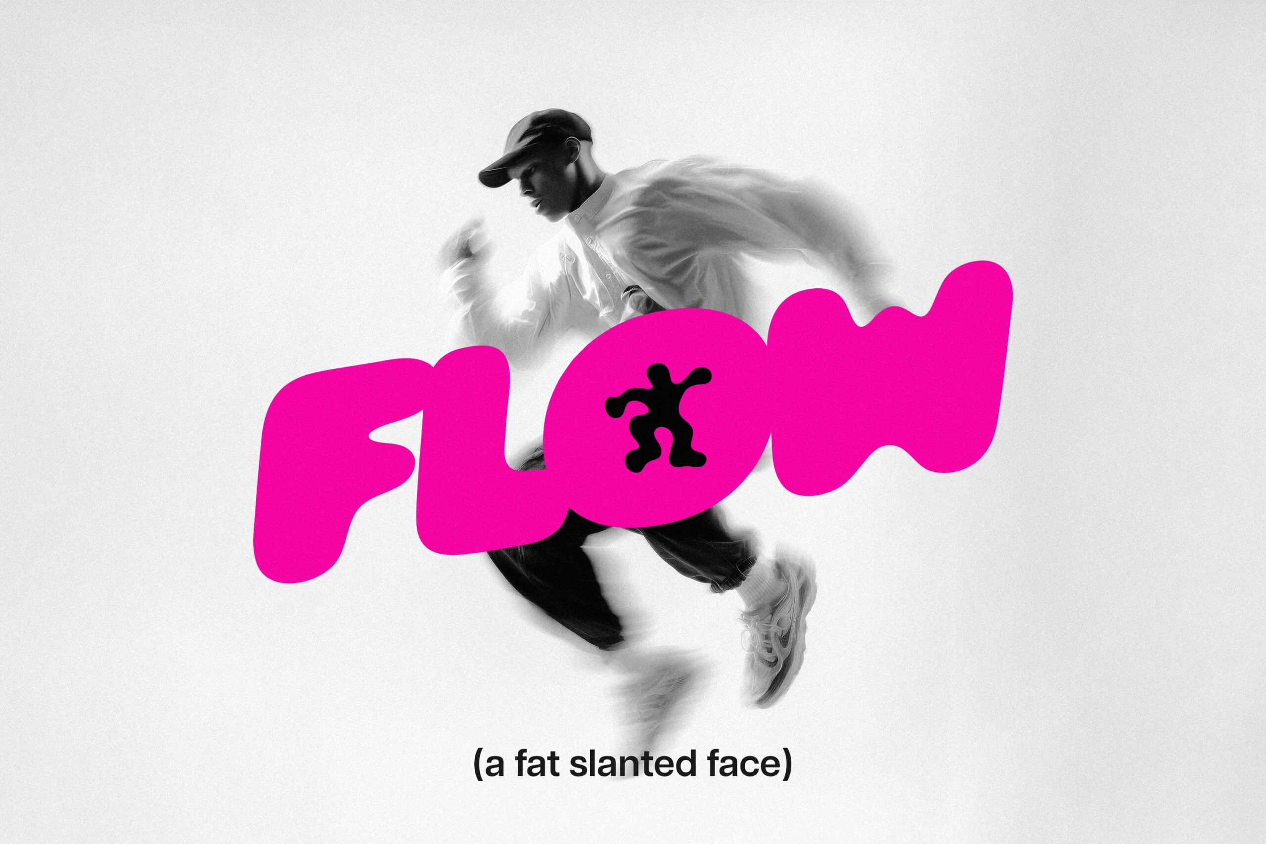 Dynamic motion photo with bold magenta organic typography overlaying jumping athlete in black cap