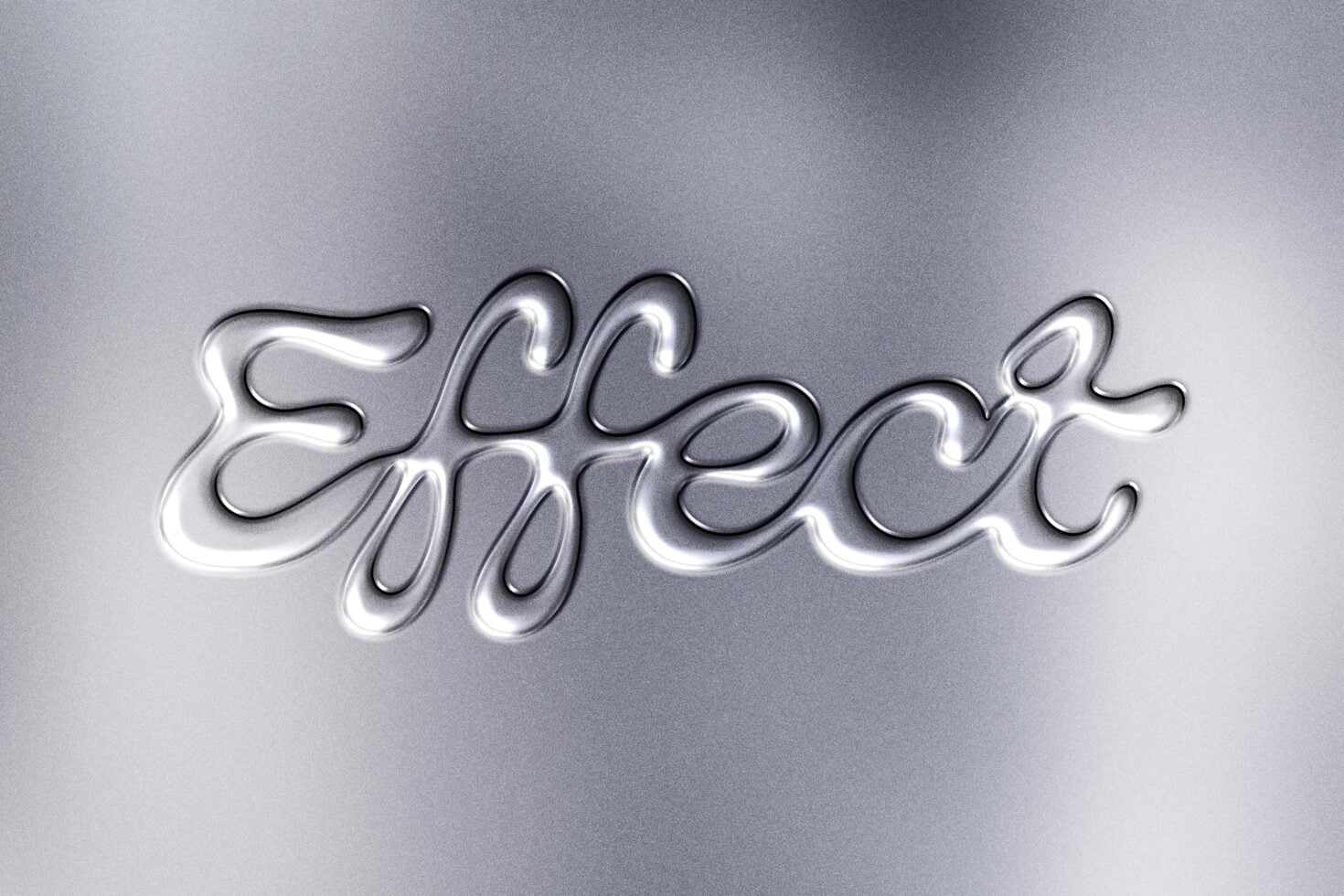 Glowing neon script text effect on gray textured background with chrome shine