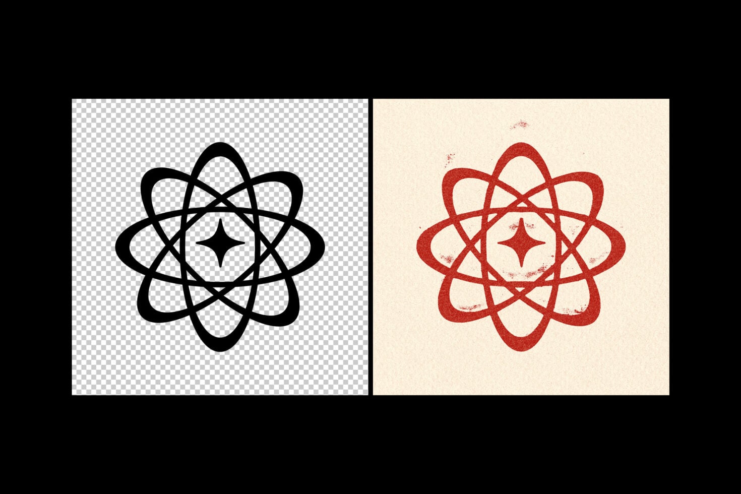 Atomic symbol icon shown clean black on transparent left, distressed red version on cream right