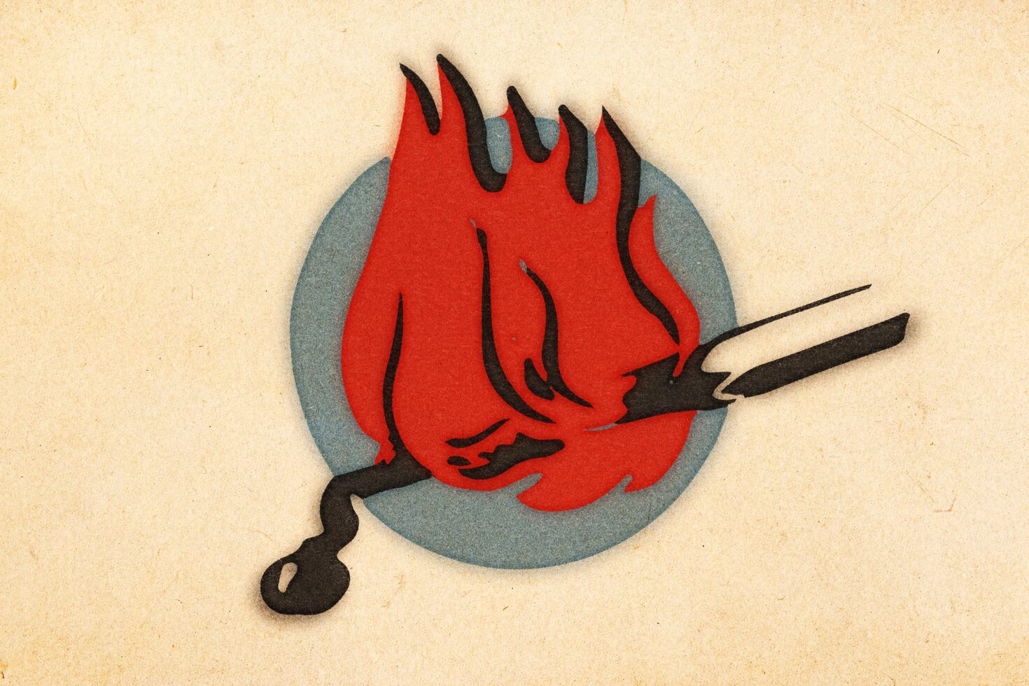 Retro illustration of a torch with bright red flames on muted blue circle, vintage paper texture background