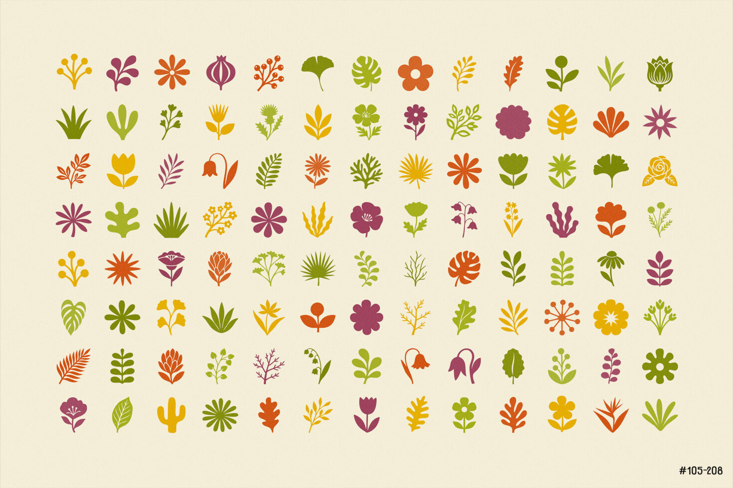 Botanical icon set with 100+ colorful plant, flower, leaf designs in earthy tones