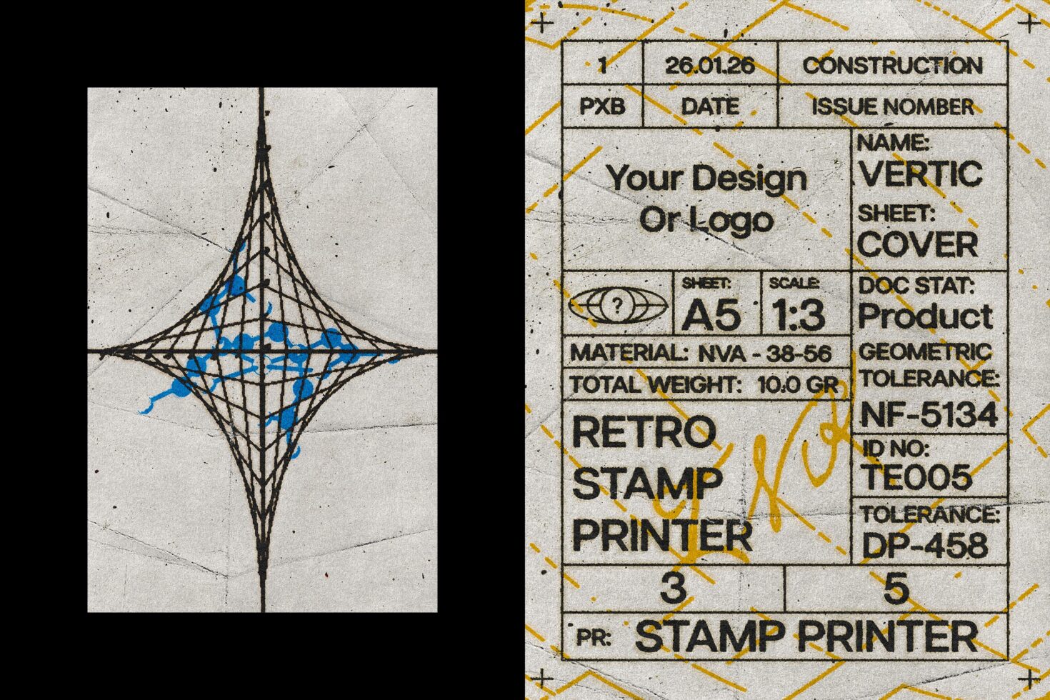 Retro stamp printer mockup with geometric blueprint grid, concrete texture, blue accent shapes, yellow borders