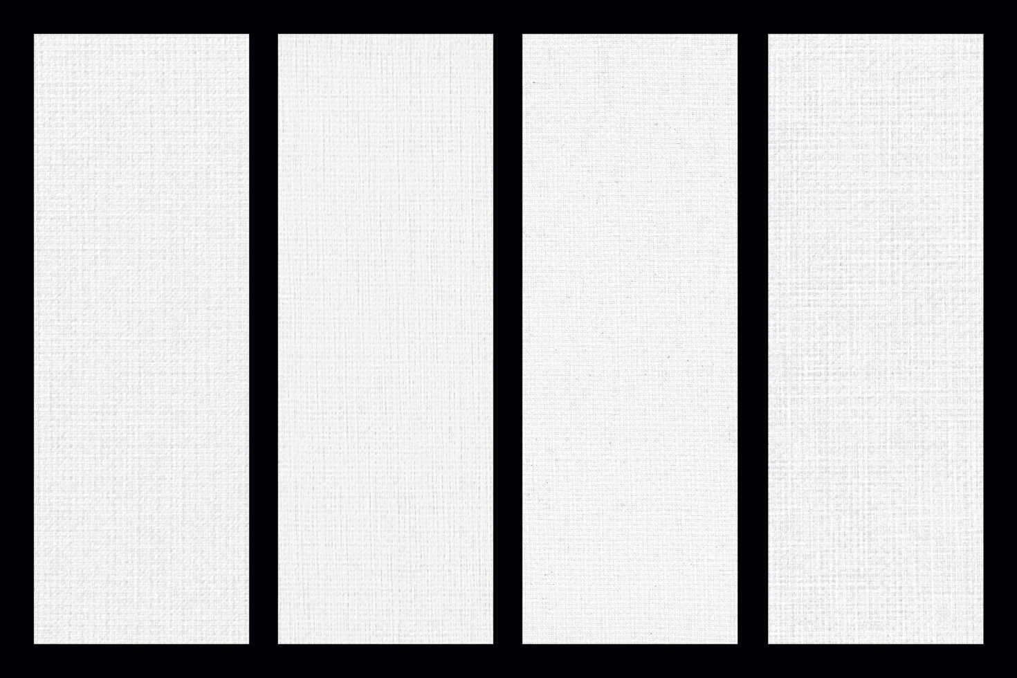Four white linen fabric swatches showing different weave textures on black background