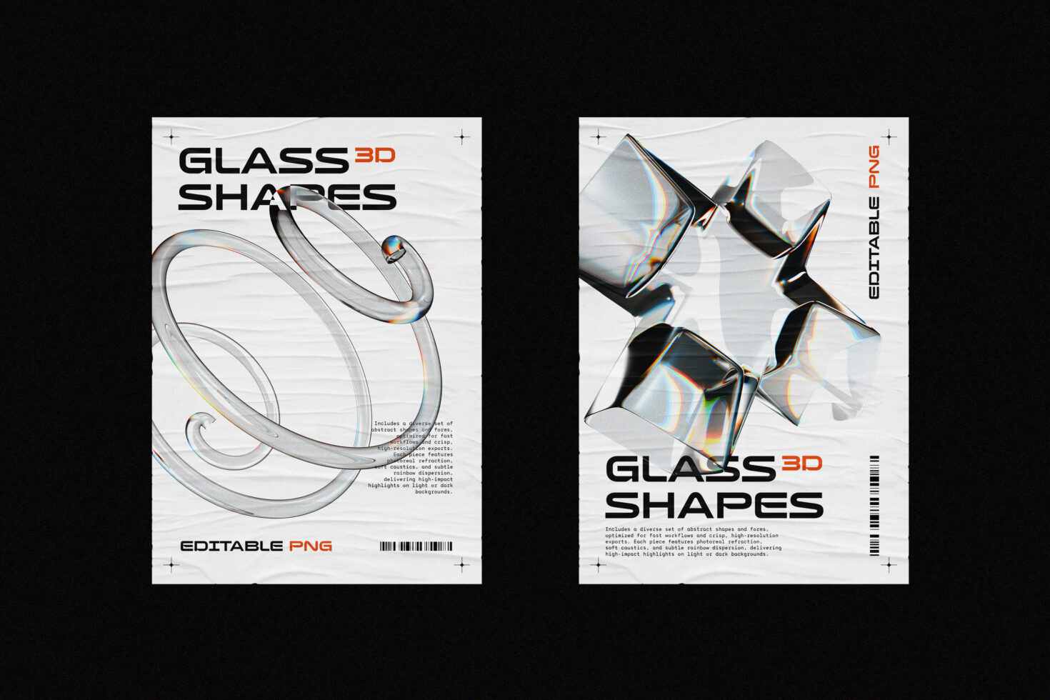 Glass 3D Shapes editable PNG mockup pack with glossy abstract forms plus rainbow chromatic effects