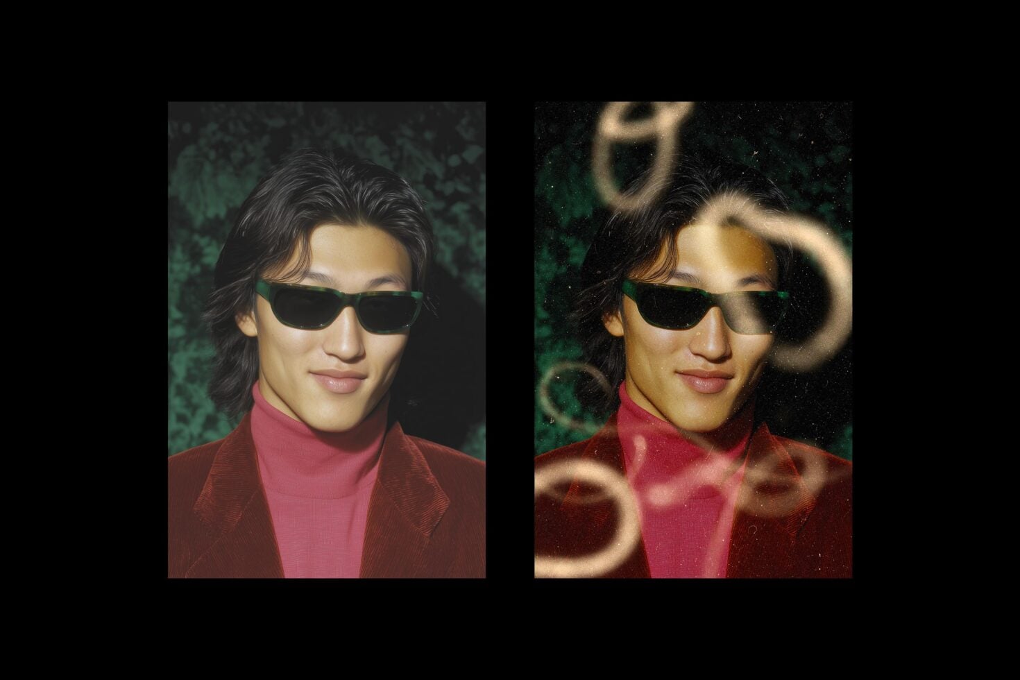 Before, after comparison of portrait with light leak overlay effect applied