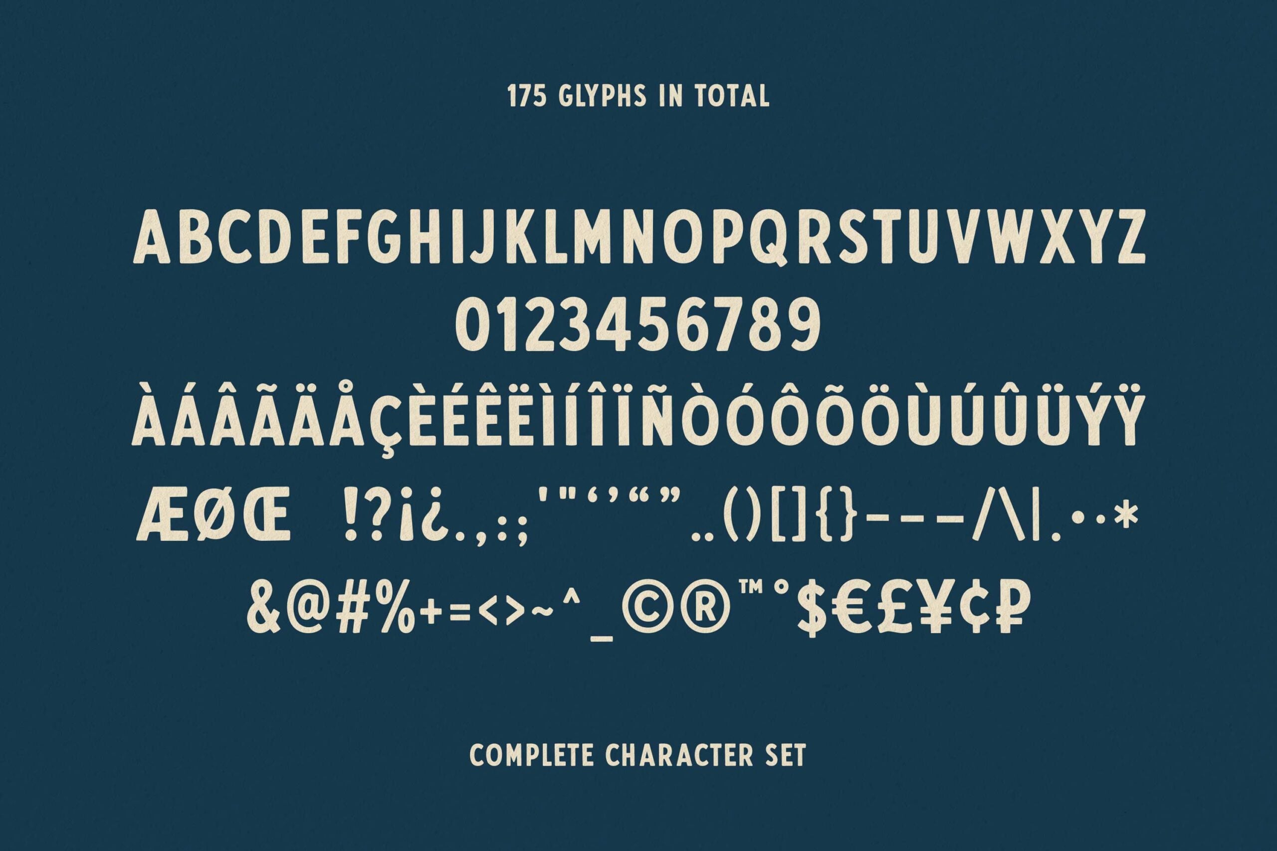 Bold sans serif font displaying 175 glyphs with accents, numbers, symbols on teal background