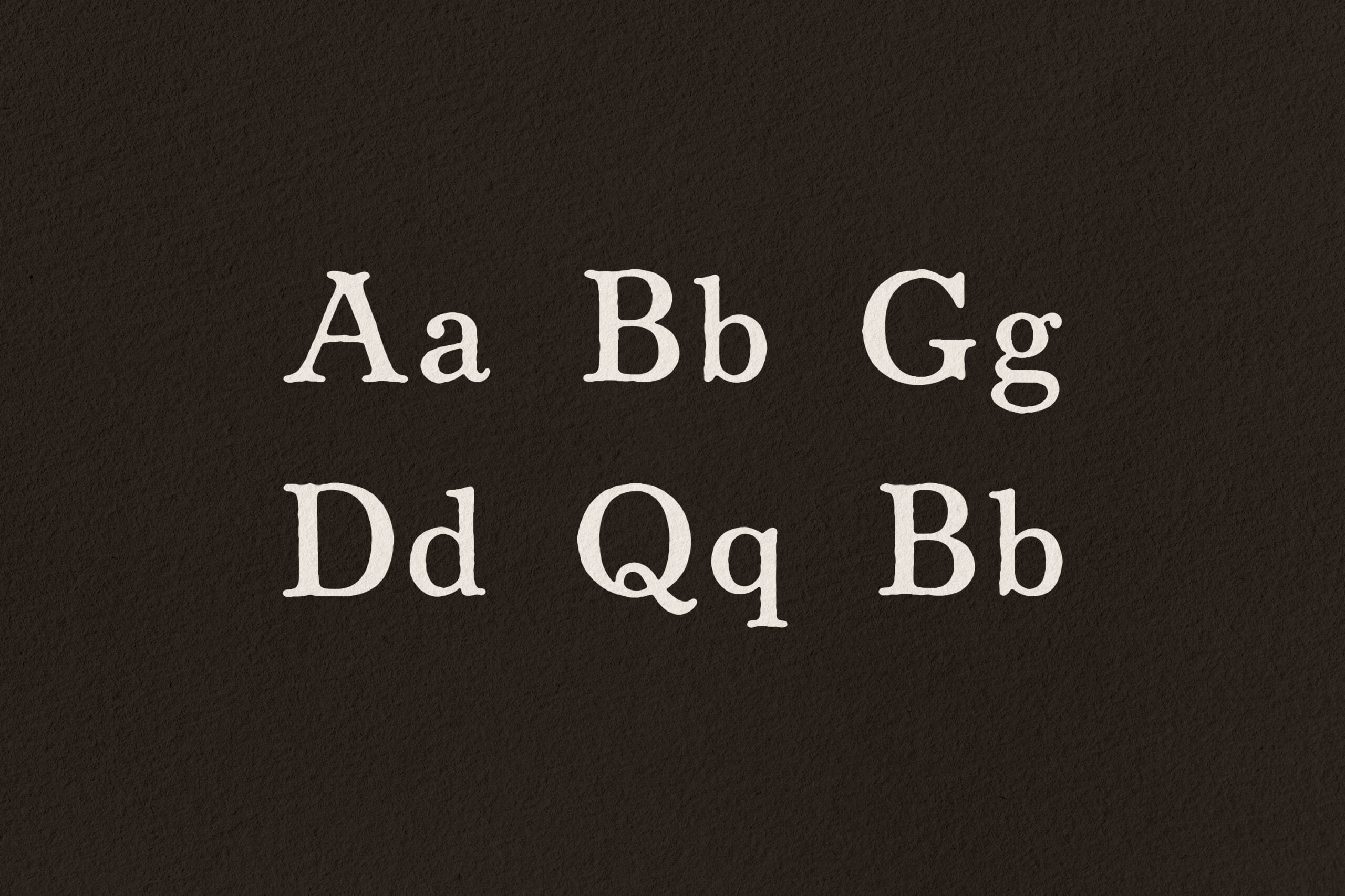 Serif font sample showing uppercase, lowercase letters on dark textured background