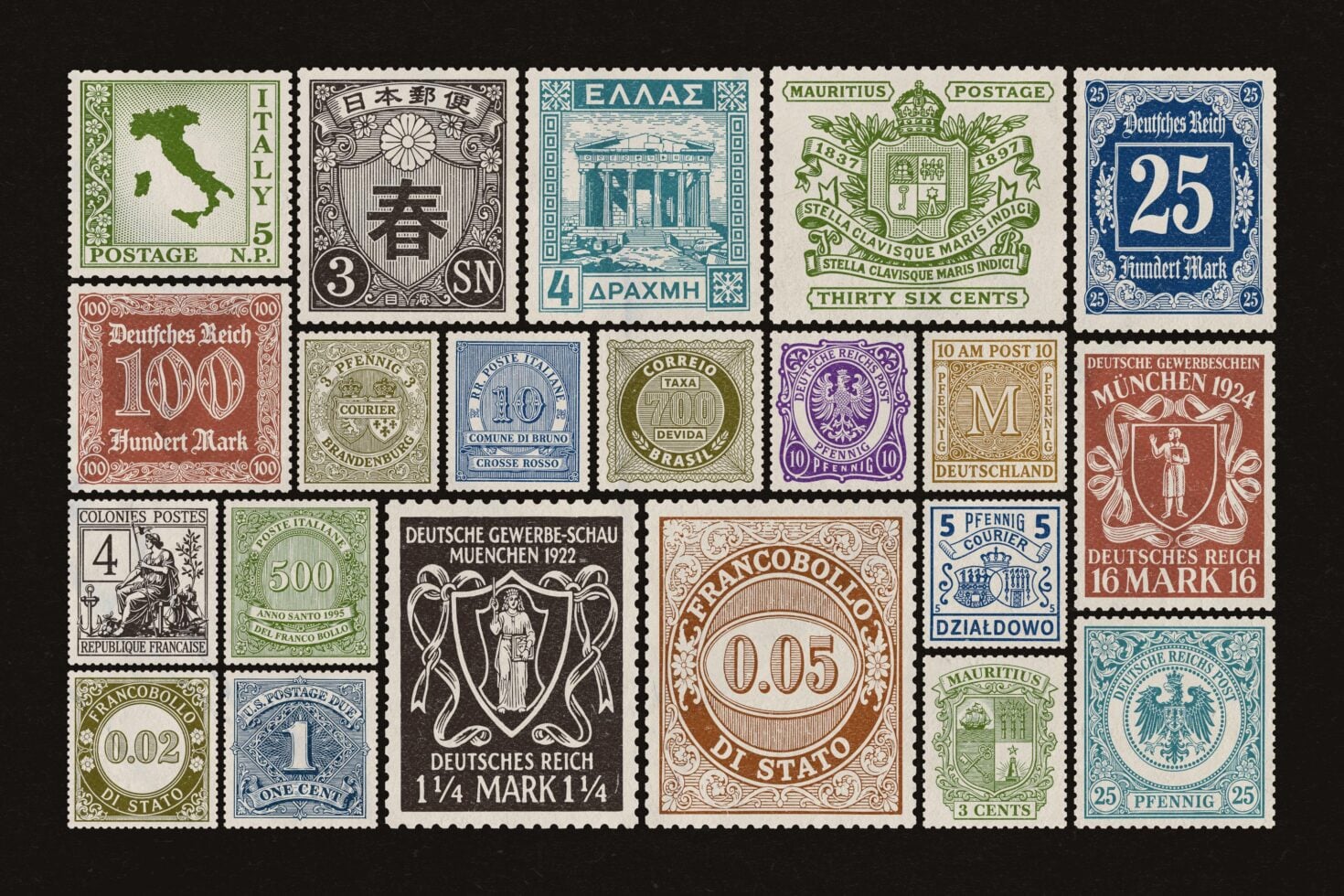 Vintage postage stamps collection from Italy, Japan, Greece, Mauritius, Germany, France, Brazil on black background