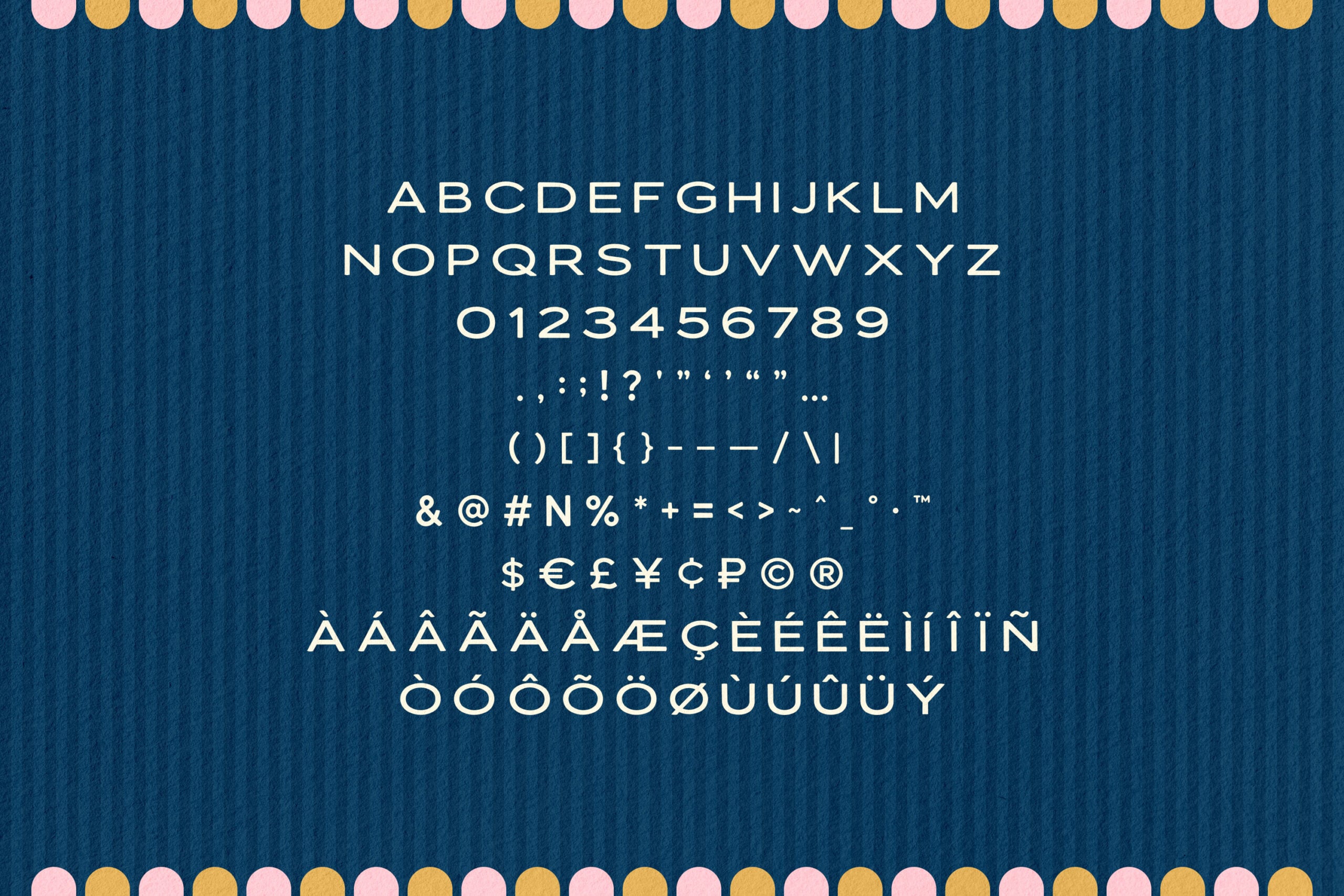 Minimalist sans serif font with full character set on textured blue background with pink plus gold scalloped borders