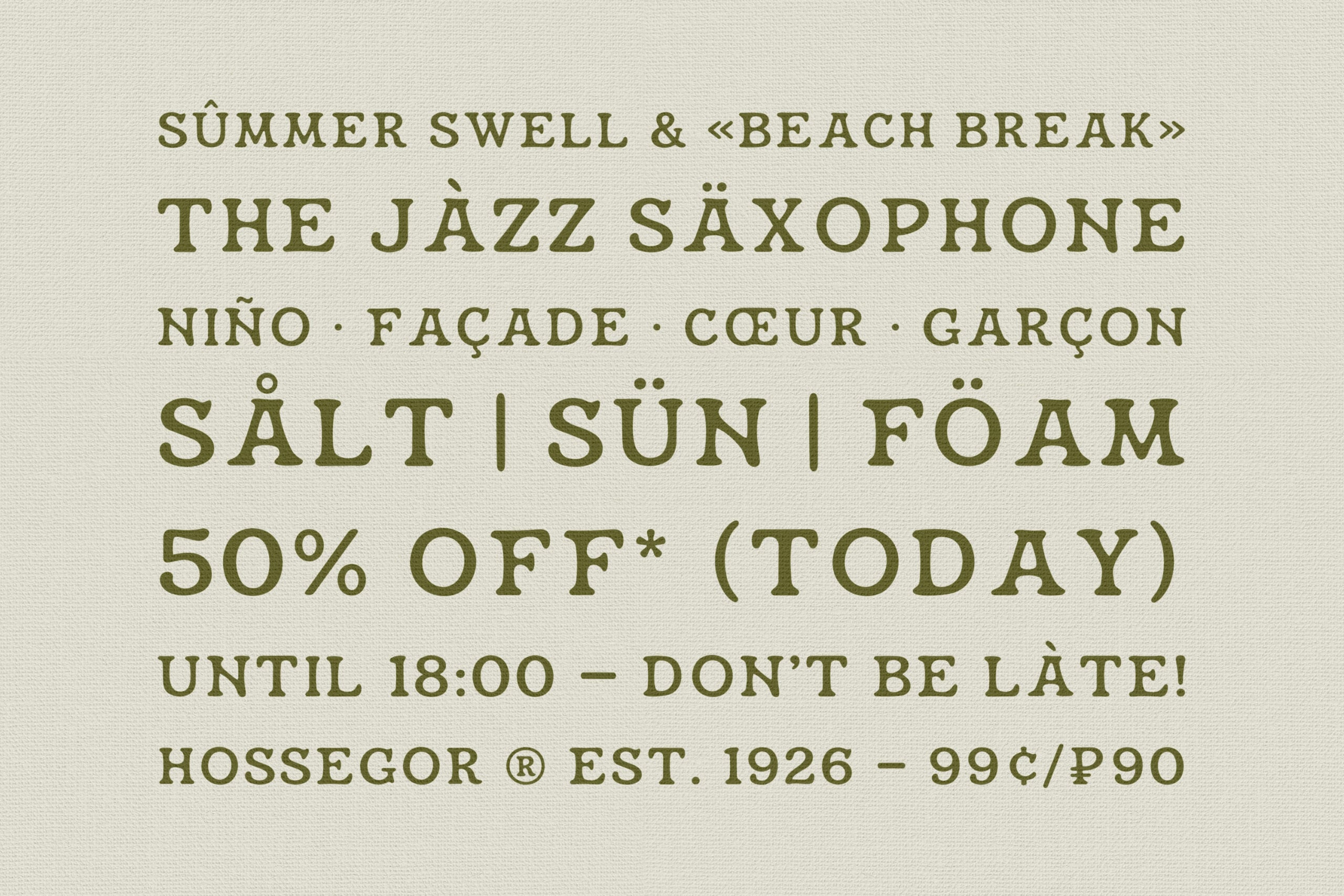 Vintage poster typography with olive green serif text on cream background, summer sale announcement with multilingual words