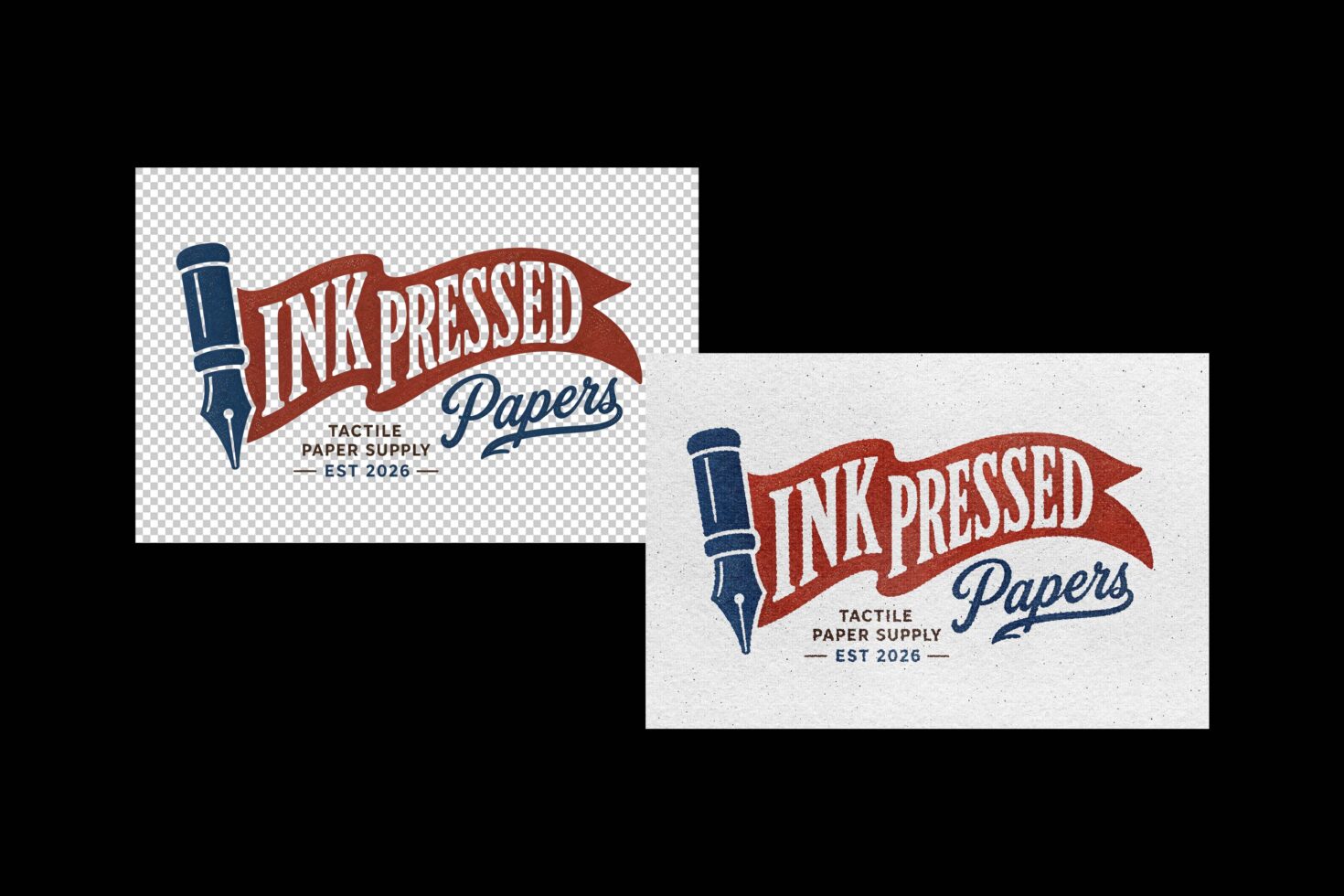 Vintage ink pen logo with red banner for paper supply brand est 2026