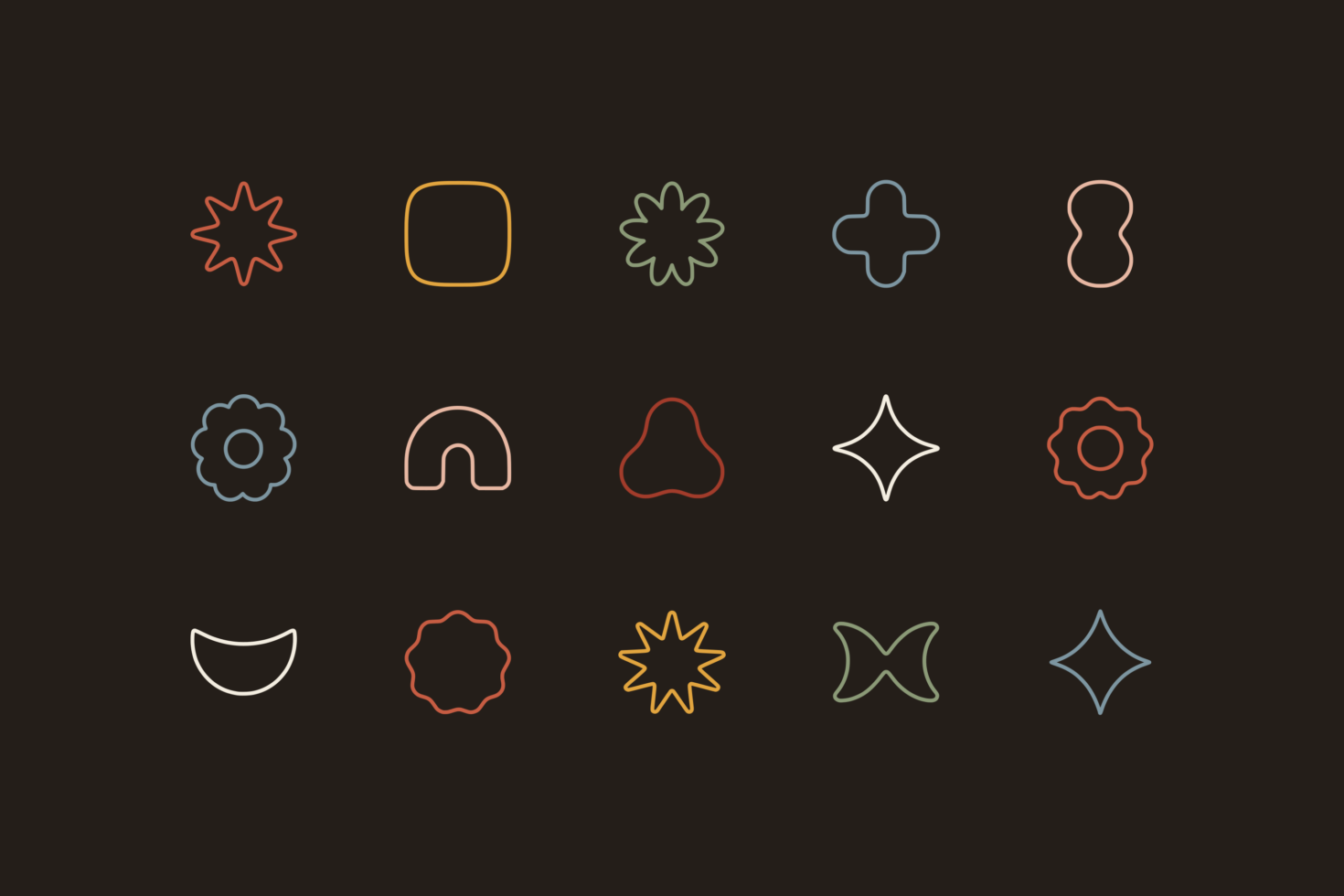 Collection of 15 colorful outline shapes including stars, flowers, rounded squares, plus signs on dark background