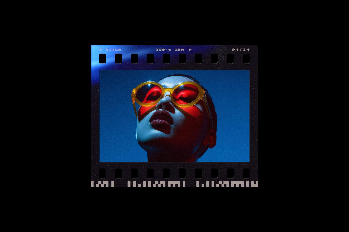Vintage film strip mockup with portrait of person wearing gold-framed sunglasses, blue backdrop, red lighting