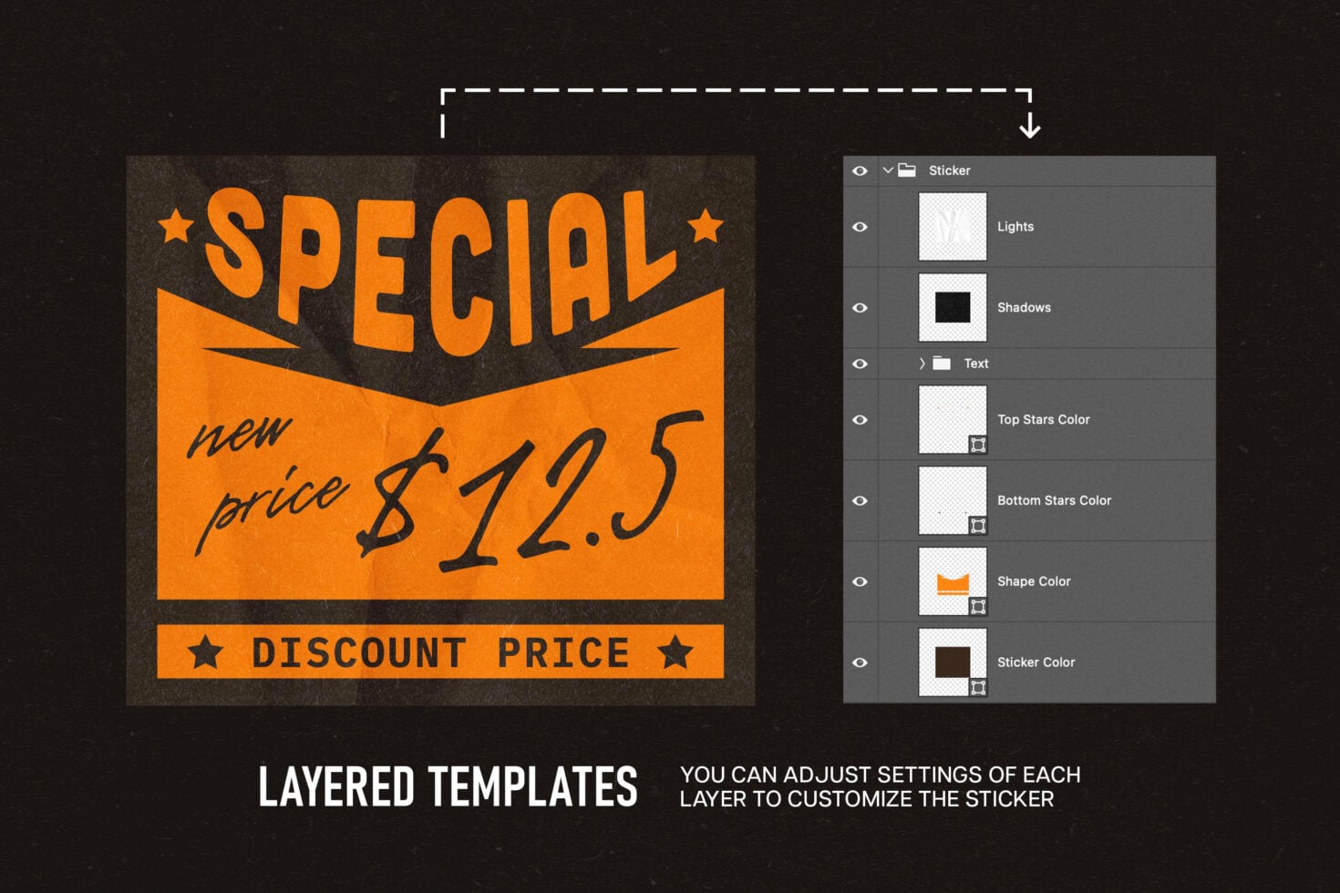 Vintage sale sticker mockup with editable layers for pricing, colors, text, shadows in Photoshop