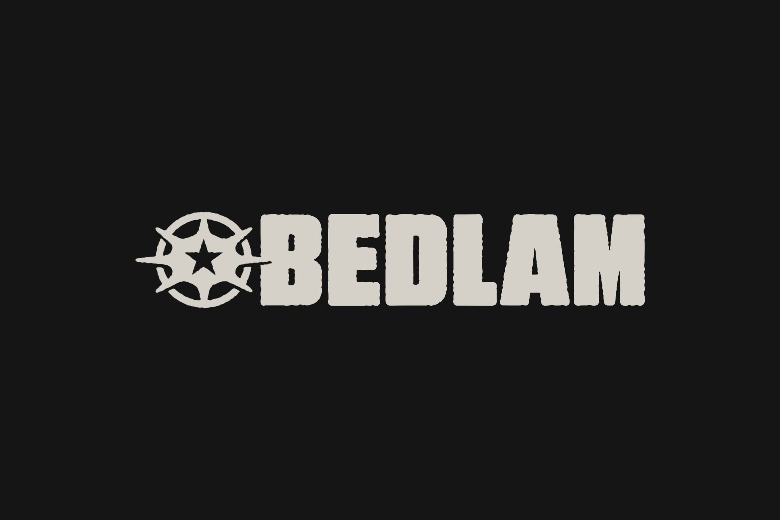 Bedlam logo with cream serif typeface on black background, star badge icon left side