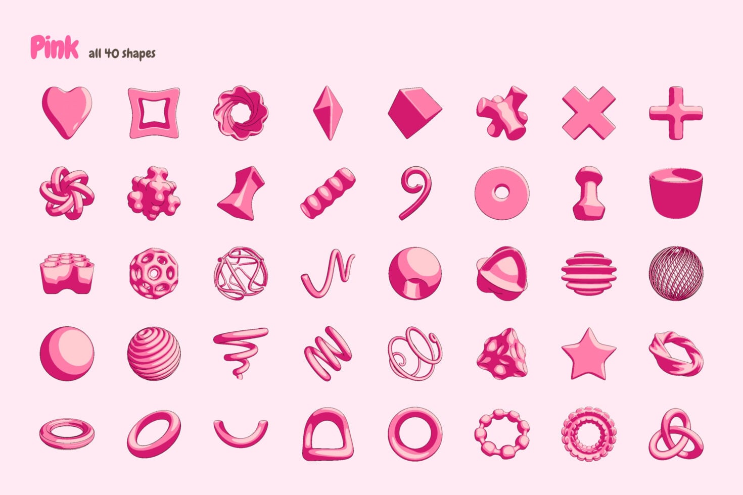 40 bubbly 3D shapes in hot pink with playful curves, spheres, stars, hearts, plus signs