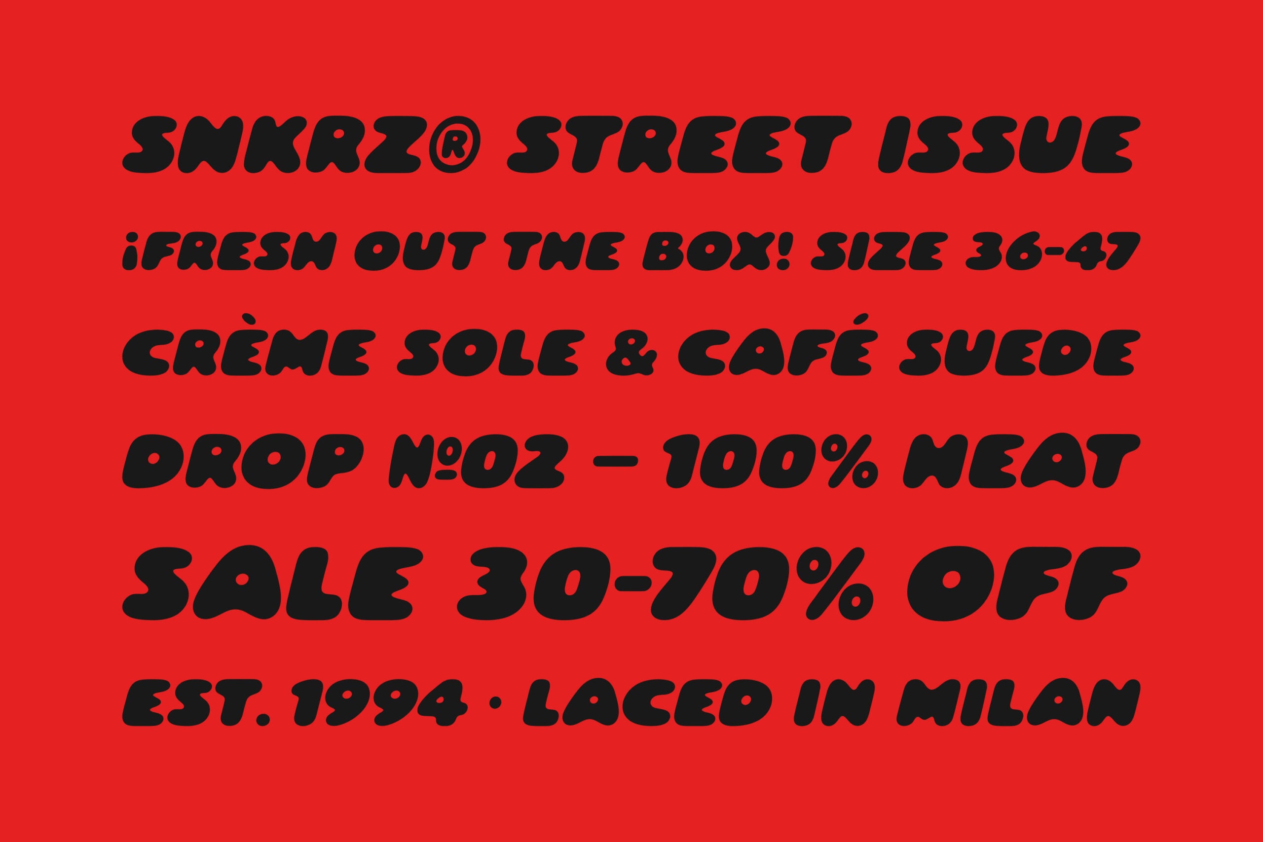 Bold red poster with black italic text announcing sneaker drop with sale details