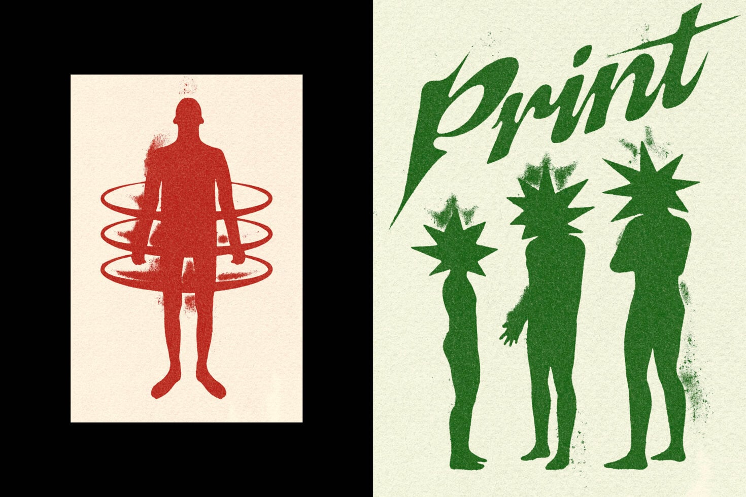Retro sci-fi poster with red figure in rings plus green silhouettes with spiky heads