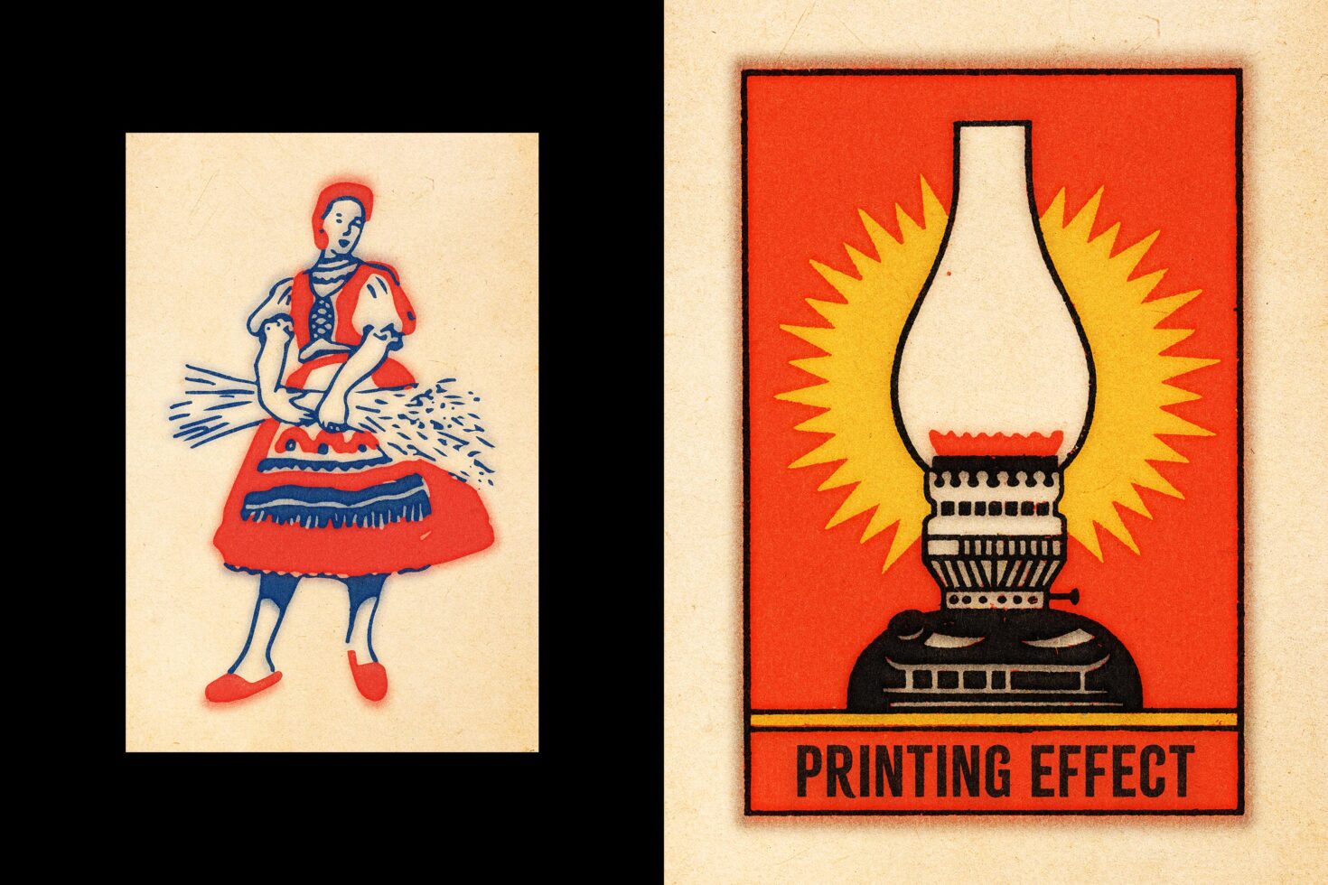 Vintage folk illustrations with retro printing effect, textured paper feel