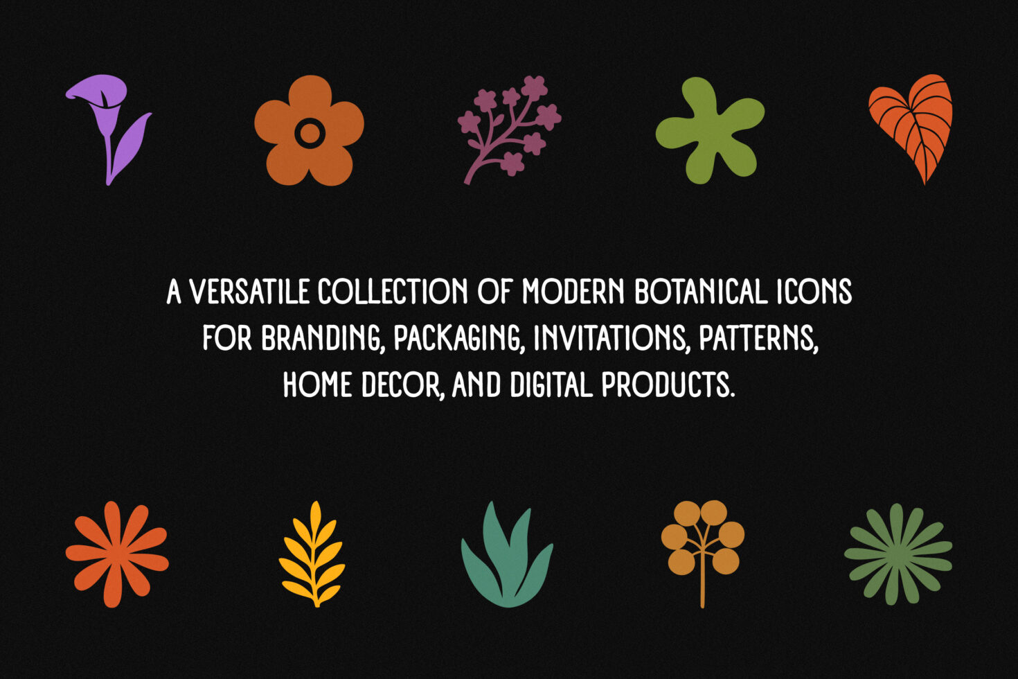 Colorful botanical icon set with flowers, plants, leaves on black background