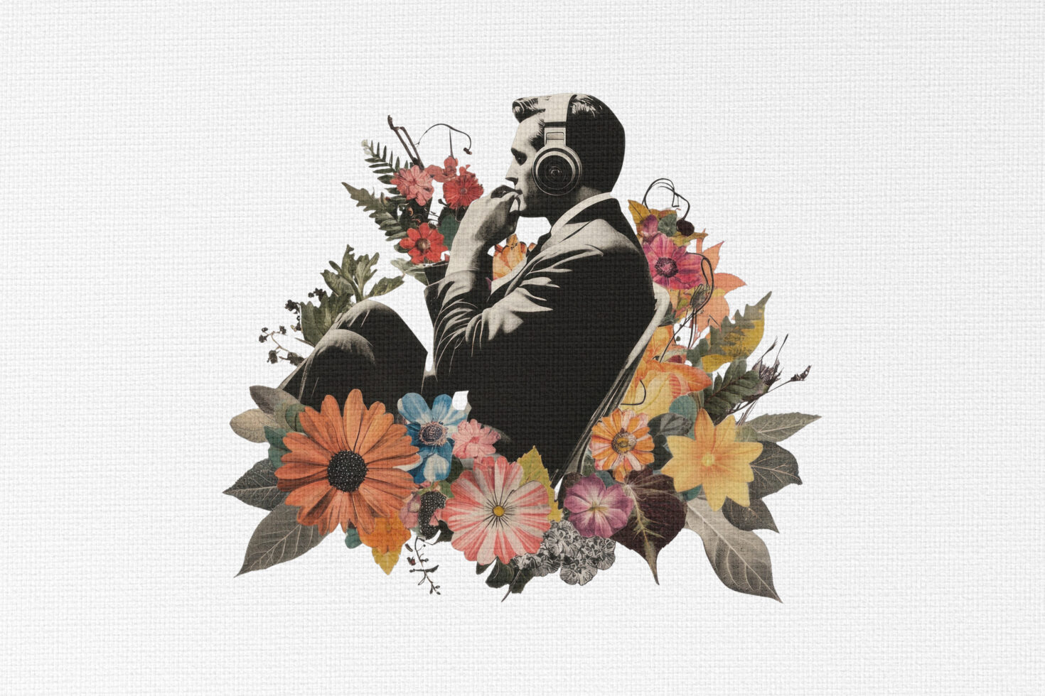 Retro collage of figure in headphones surrounded by colorful vintage flowers