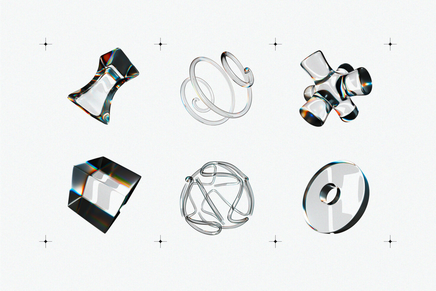 Glass product mockups with holographic chrome accents on clean white background