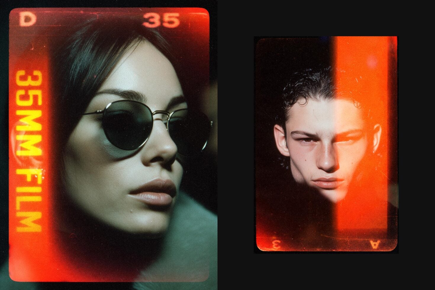 Vintage film strip portraits with neon red glow, two faces wearing sunglasses against dark moody background