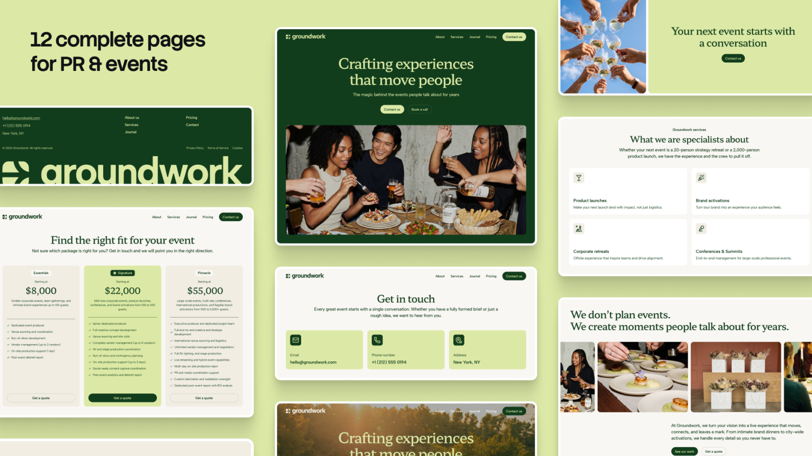 Groundwork PR events website mockup showing 12 complete pages with dark green header, lime background, pricing tiers, contact forms