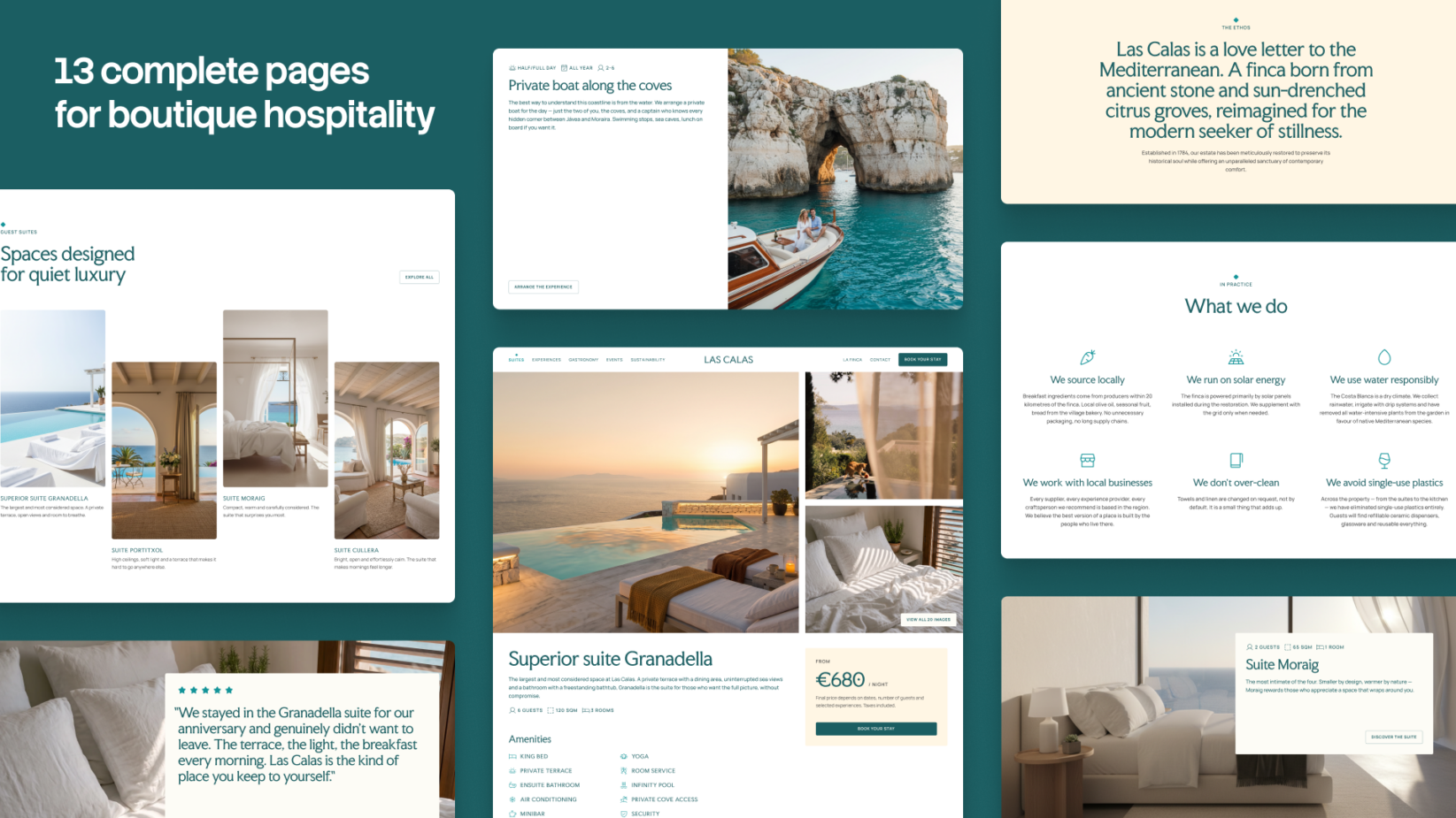 Luxury hospitality website mockup showing 13 pages with boat tours, resort rooms, pricing