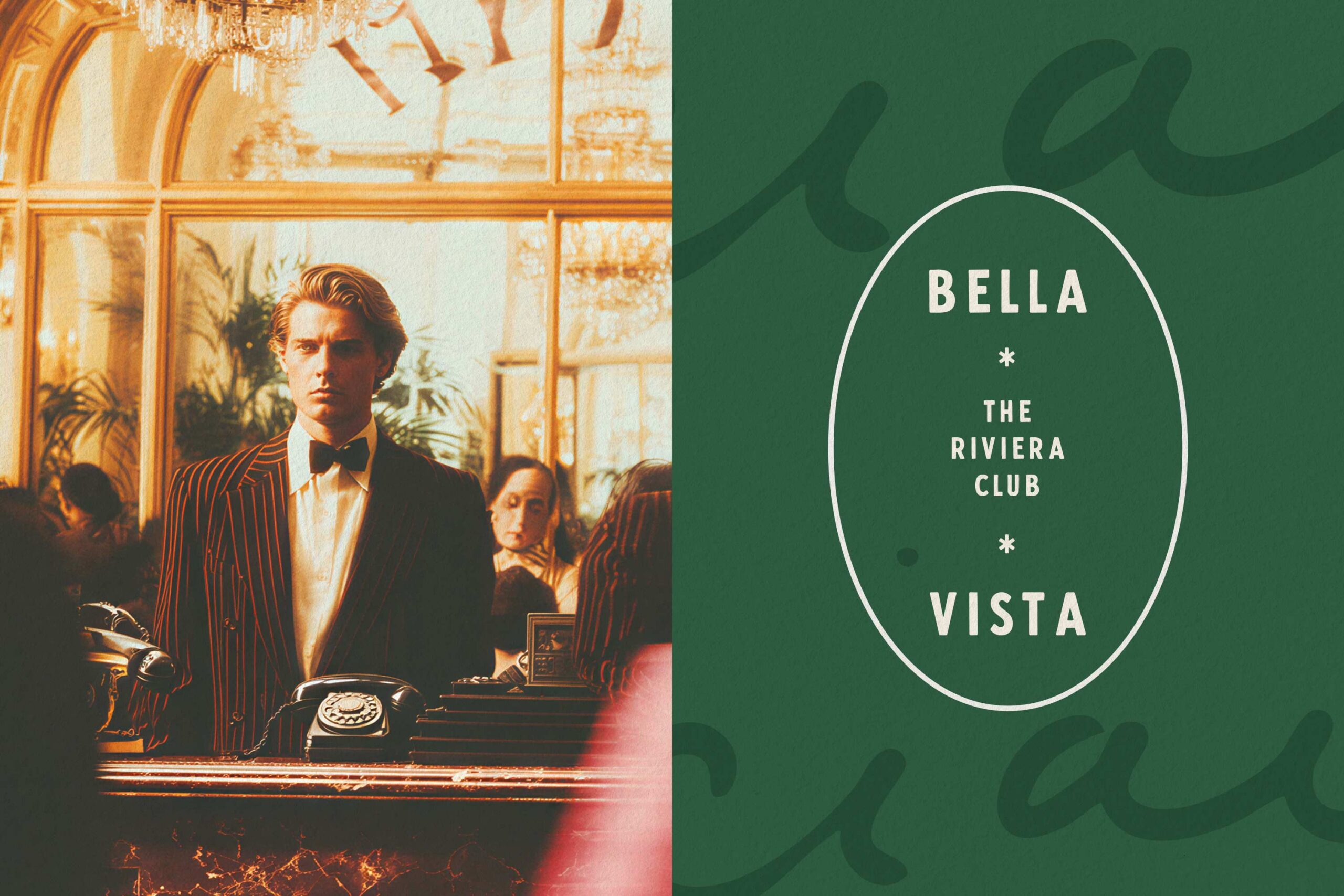 Vintage book cover mockup with men in pinstriped suits, golden light, green background with oval frame layout