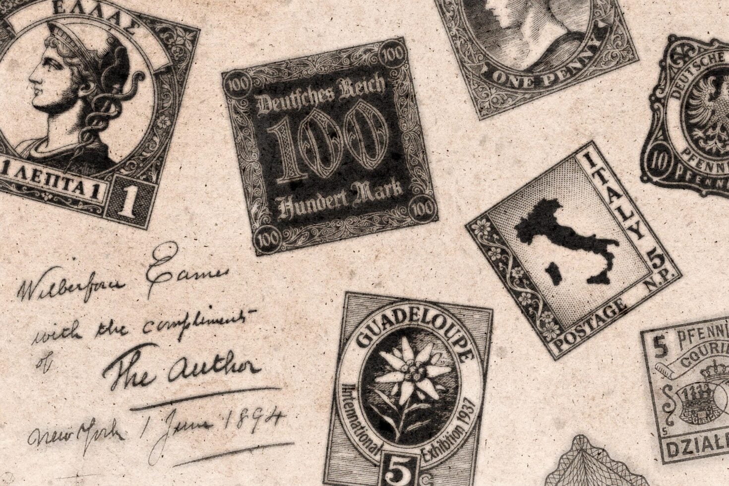 Vintage stamps, currency, handwritten note scattered on aged paper background