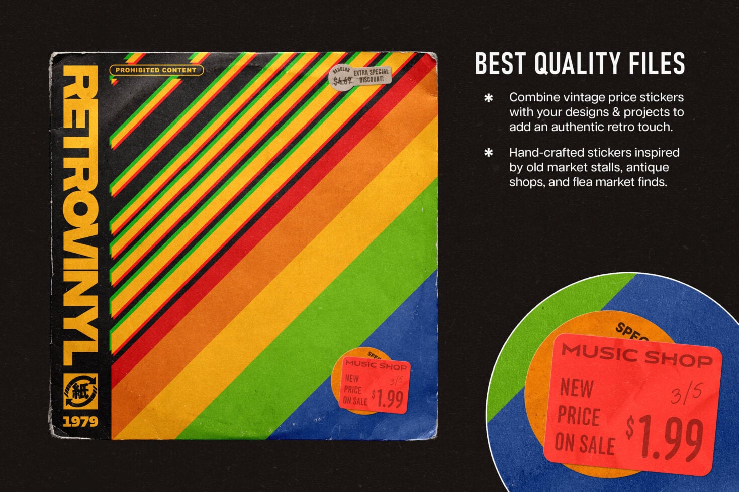 Retro price stickers in red, orange, yellow with worn edges on vintage album cover mockup