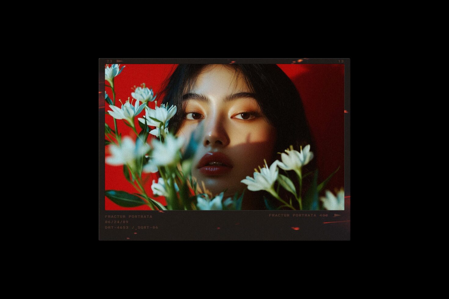 Woman with dark hair surrounded by white flowers on vibrant red background, shot on film
