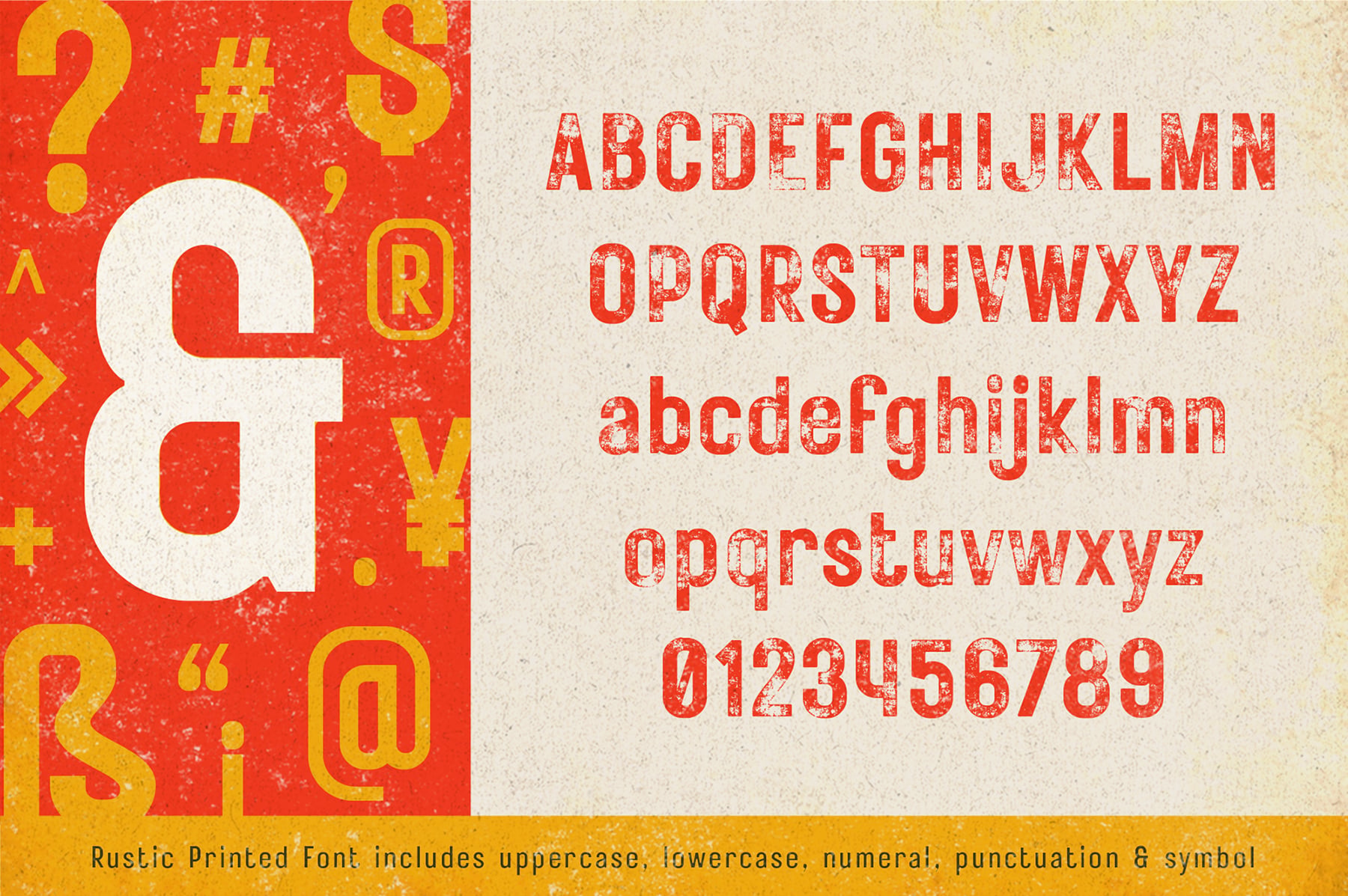 Rustic printed typeface with distressed red lettering showing uppercase, lowercase, numbers plus symbols on cream background