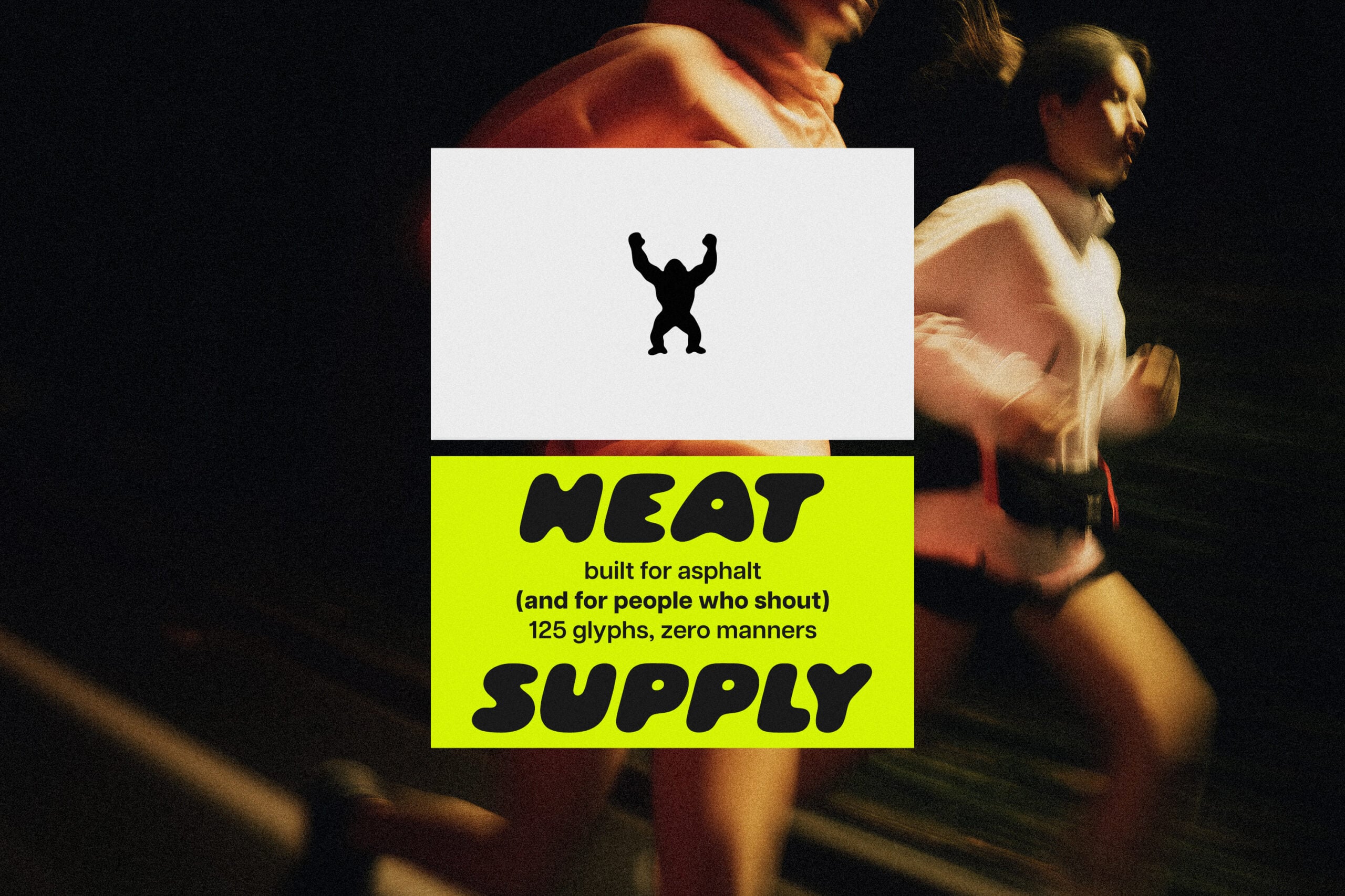 Neat Supply font mockup with muscular silhouette icon, neon yellow banner, bold text on dark background